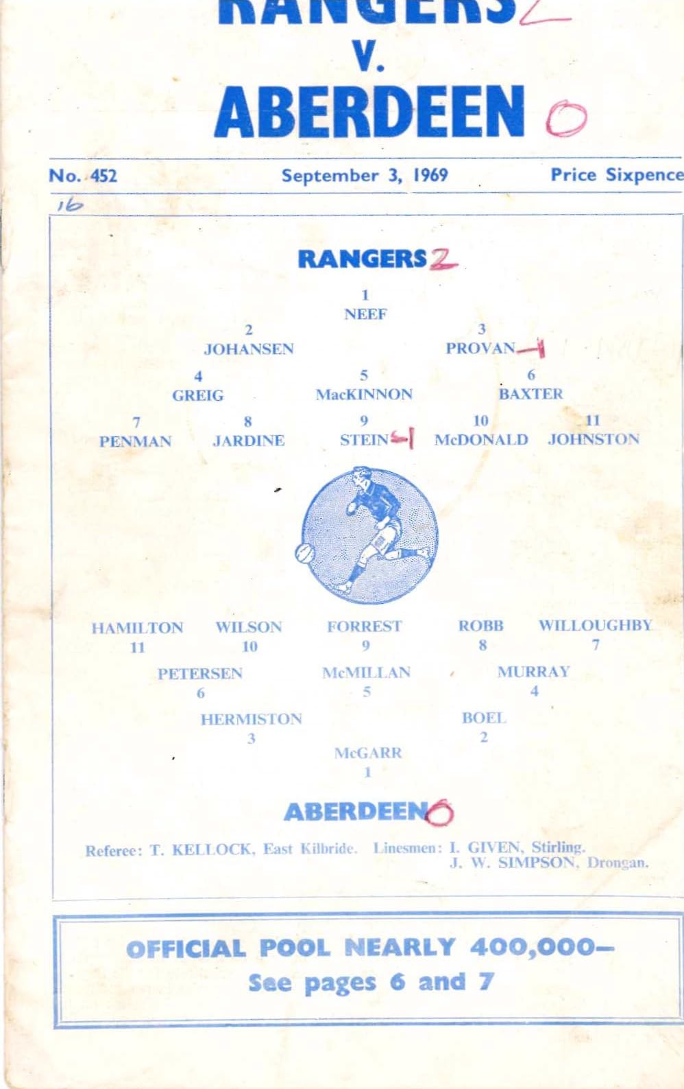 Rangers FC, Season 1969/70: Rangers v Aberdeen, 3 September 1969 matchday programme — Scottish League Championship at Ibrox; Jim Forrest and Alec Willoughby return with Aberdeen