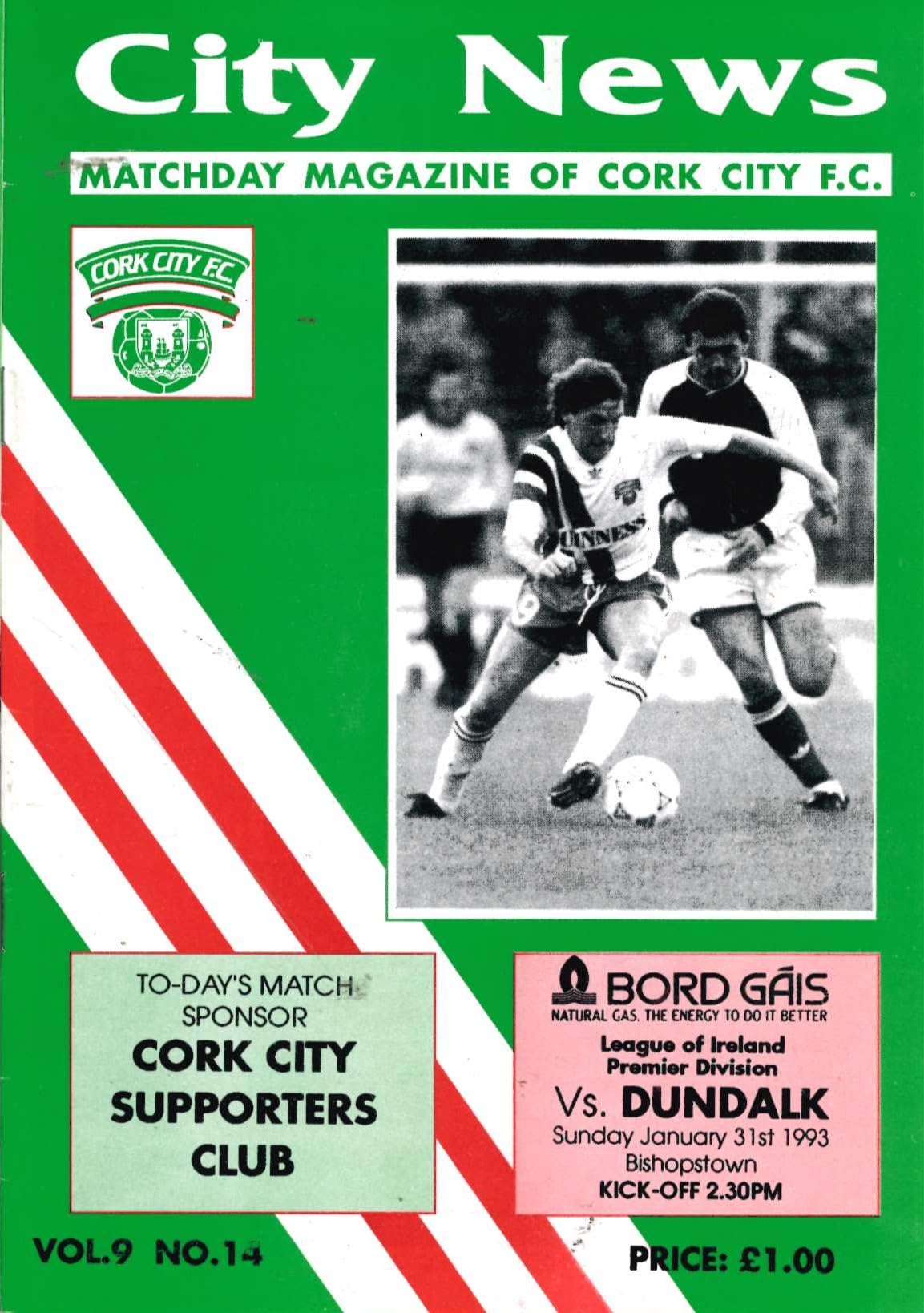 Cork City 'City News' Vol 9 No 14: Cork City v Dundalk, 31 January 1993 matchday programme — Premier Division at Bishopstown; Gerry McCabe fit again, and a chairman's grievance over a switched fixture