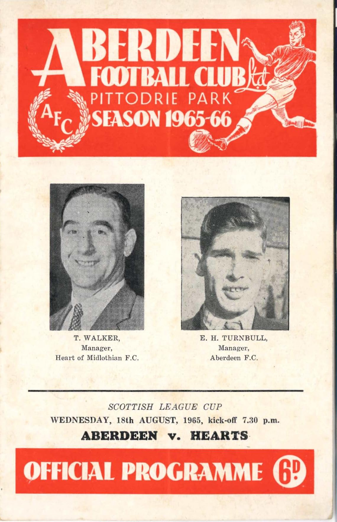 Aberdeen FC, Season 1965/66: Aberdeen v Hearts, 18 August 1965 matchday programme — Scottish League Cup; Eddie Turnbull, Tommy Walker, Pittodrie Park, 1965-66 team photographs