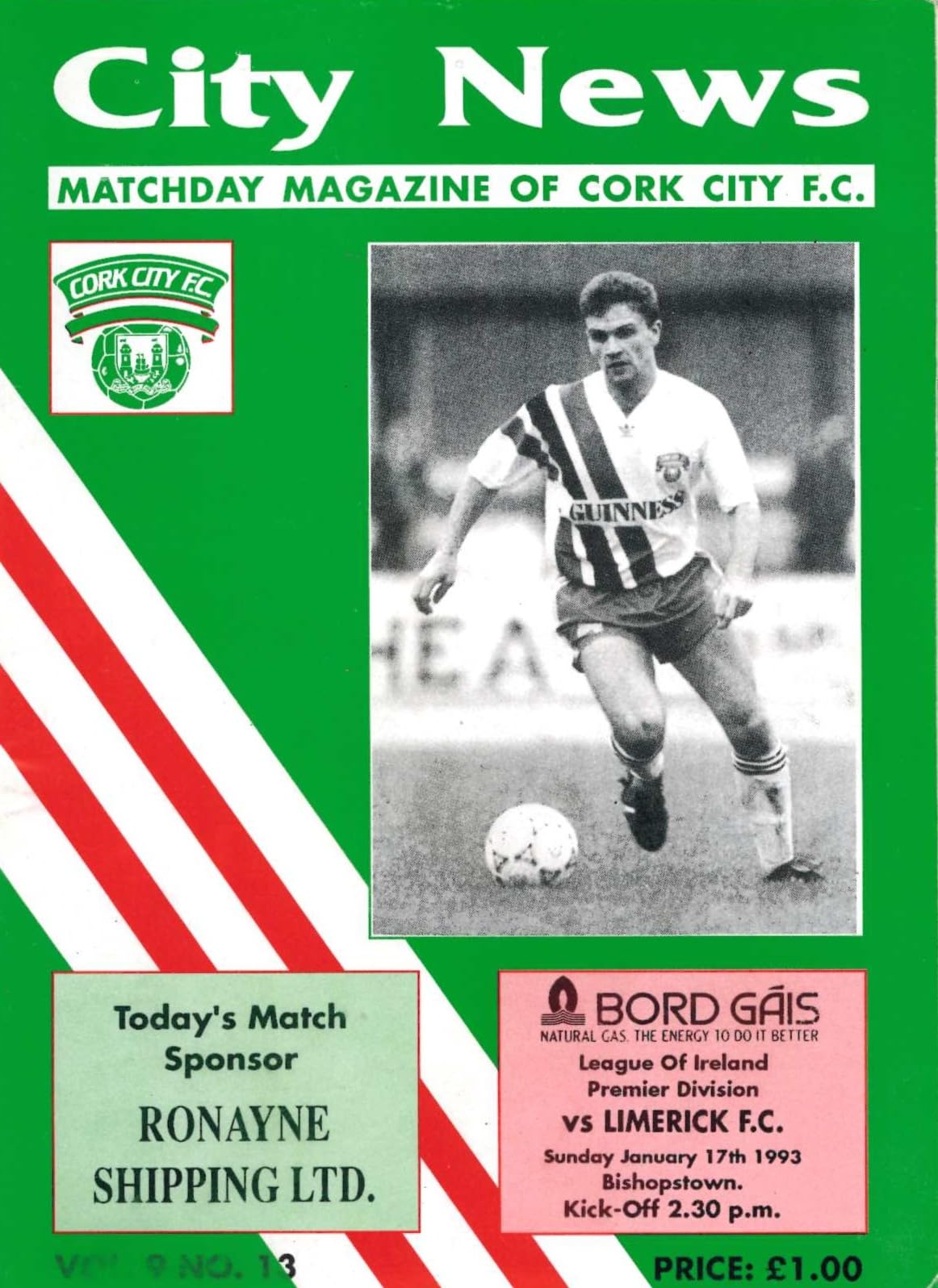Cork City 'City News' Vol 9 No 13: Cork City v Limerick, 17 January 1993 matchday programme — Premier Division at Bishopstown; Declan Daly on the cover, and floodlights and a stand promised