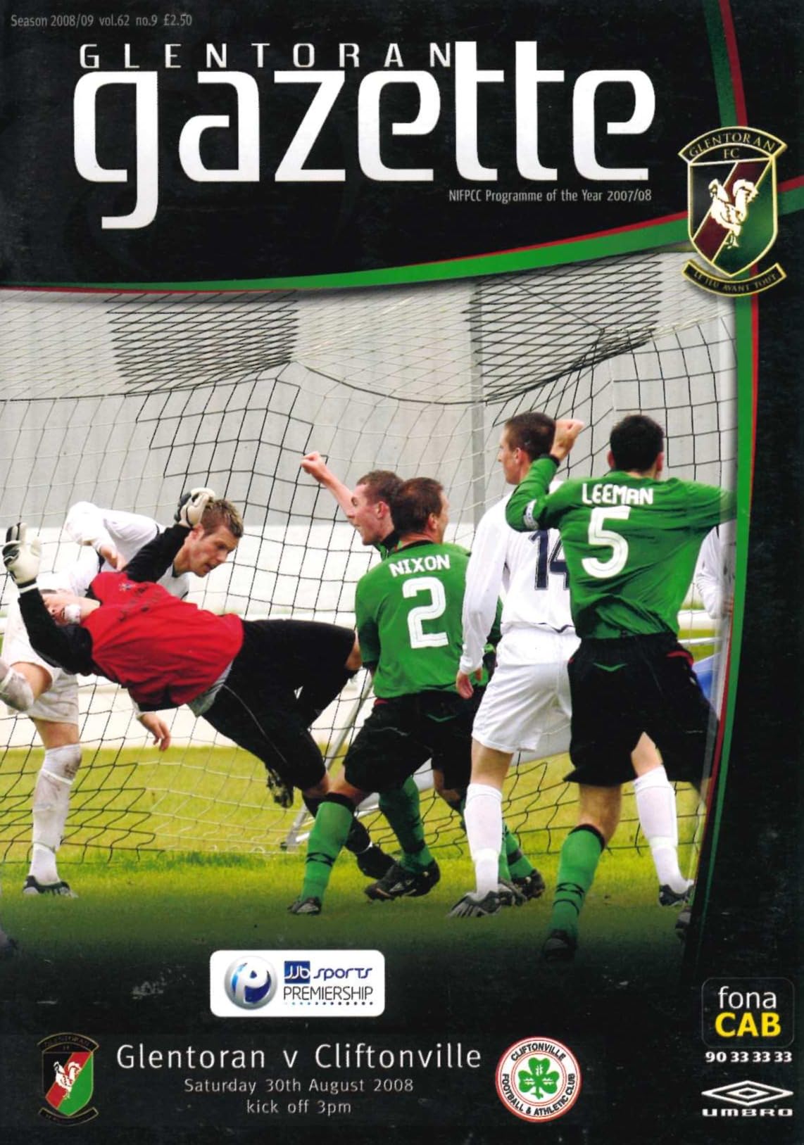 Glentoran Gazette, Season 2008/09, Vol 62, No 9: Glentoran v Cliftonville, 30 August 2008 matchday programme — JJB Sports Premiership; Dean Fitzgerald, Daryl Fordyce, Paddy Donnelly, Michael O'Neill