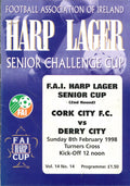 FAI Harp Lager Senior Cup: Cork City v Derry City, 8 February 1998 matchday programme — second round at Turner's Cross; FAI wrap-around cover, teamsheet filled in by hand at the match