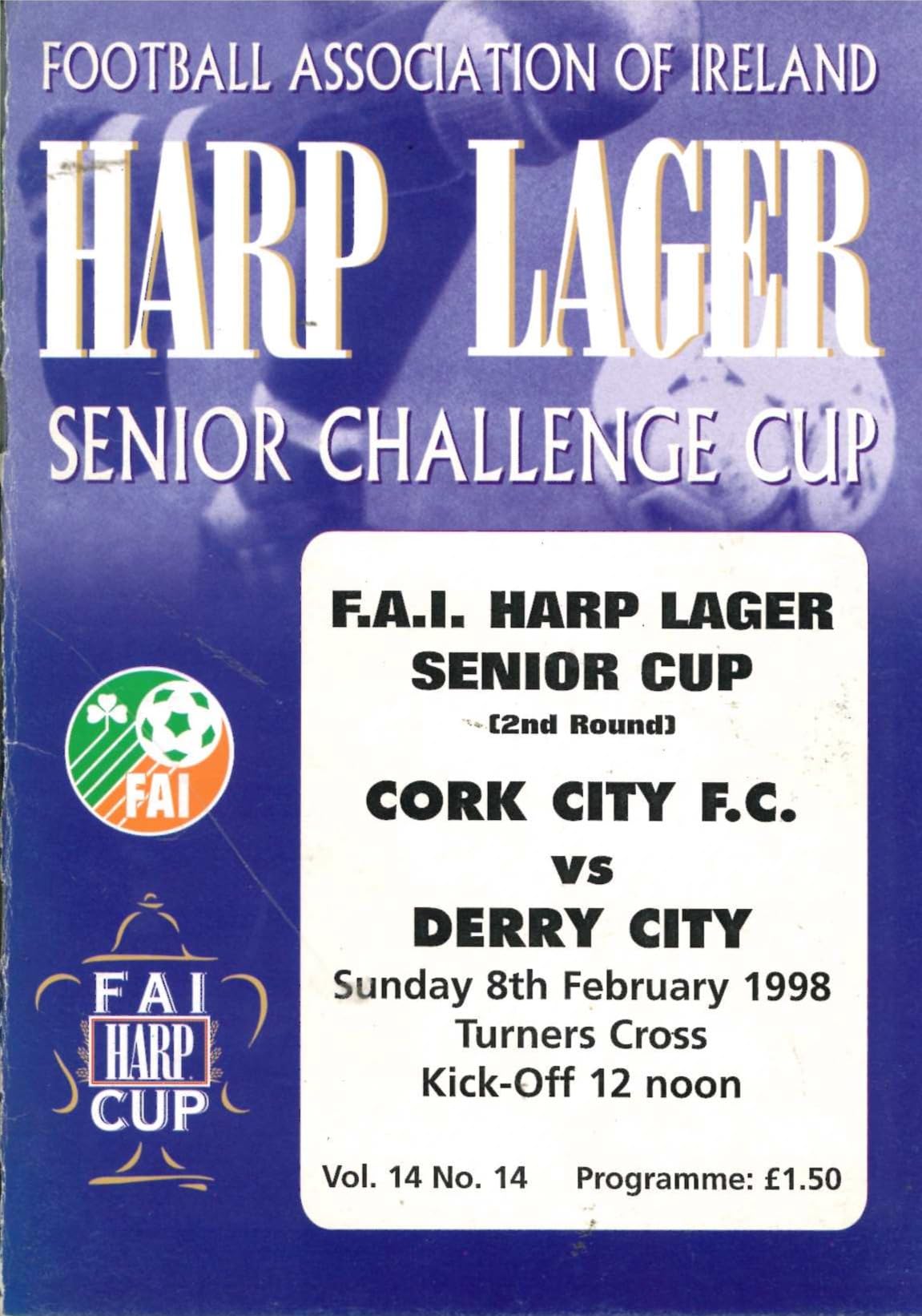 FAI Harp Lager Senior Cup: Cork City v Derry City, 8 February 1998 matchday programme — second round at Turner's Cross; FAI wrap-around cover, teamsheet filled in by hand at the match