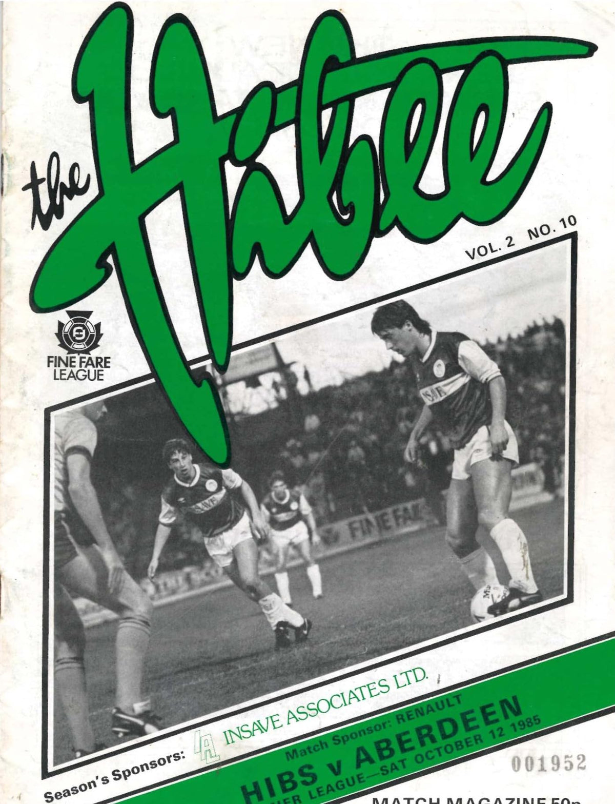 Hibernian FC 'The Hibee', Season 1985/86, Vol 2 No 10: Hibernian v Aberdeen, 12 October 1985 matchday programme — Premier League; John Blackley, Ralph Callachan, Joe McBride, Fine Fare League