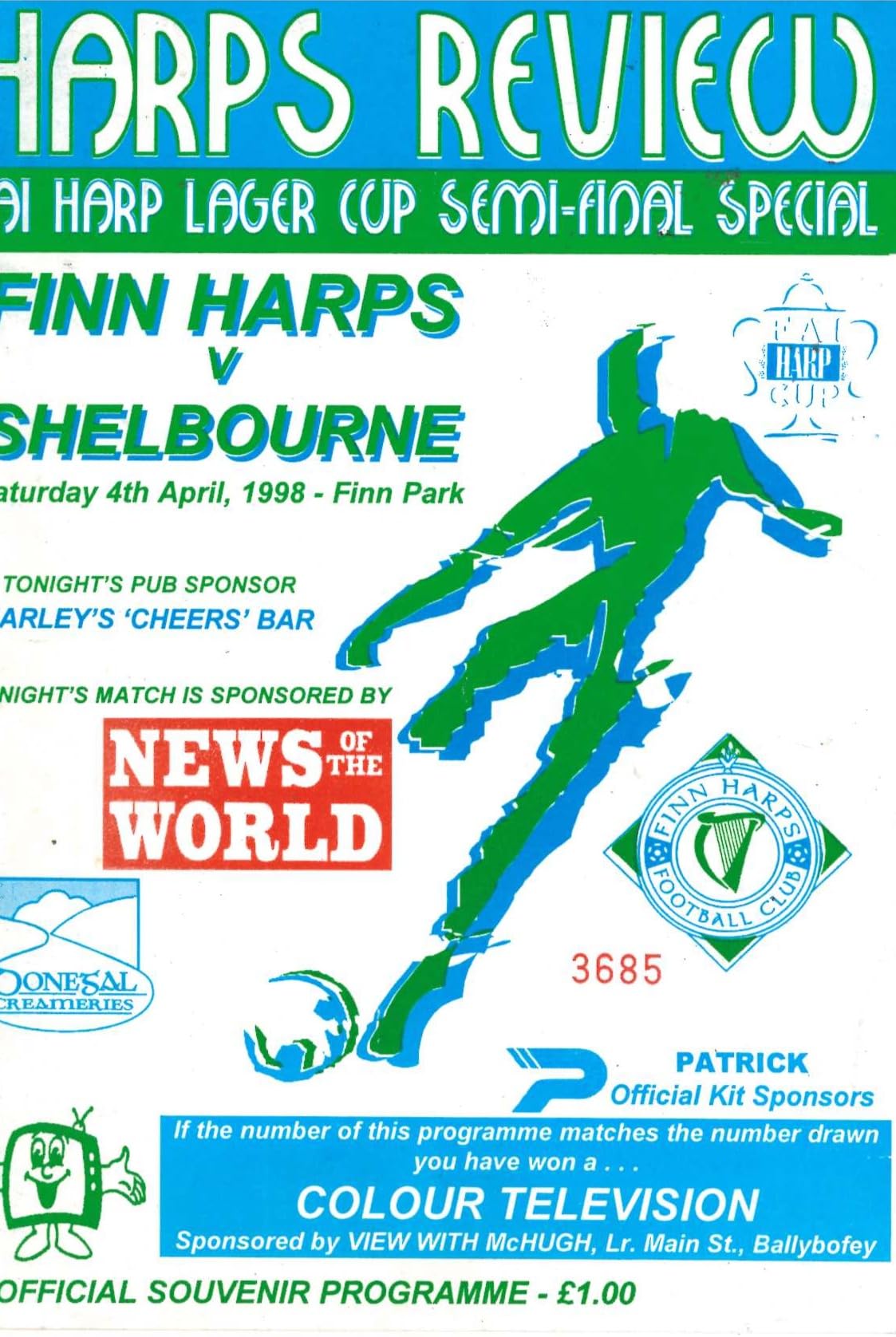 Finn Harps FC 'Harps Review': Finn Harps v Shelbourne, 4 April 1998 matchday programme — FAI HARP LAGER CUP SEMI-FINAL souvenir programme at Finn Park; numbered for the colour-television draw