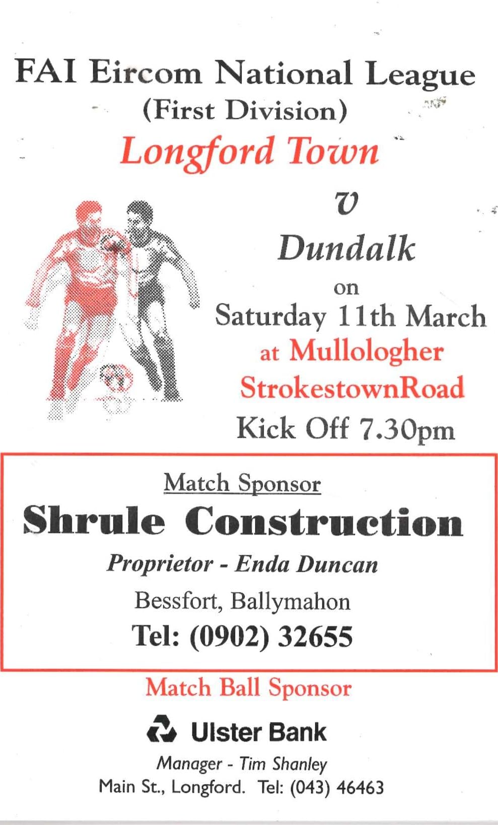 Longford Town FC: Longford Town v Dundalk, 11 March 2000 matchday programme — FAI eircom National League First Division at Strokestown Road; STEPHEN KENNY's first management job