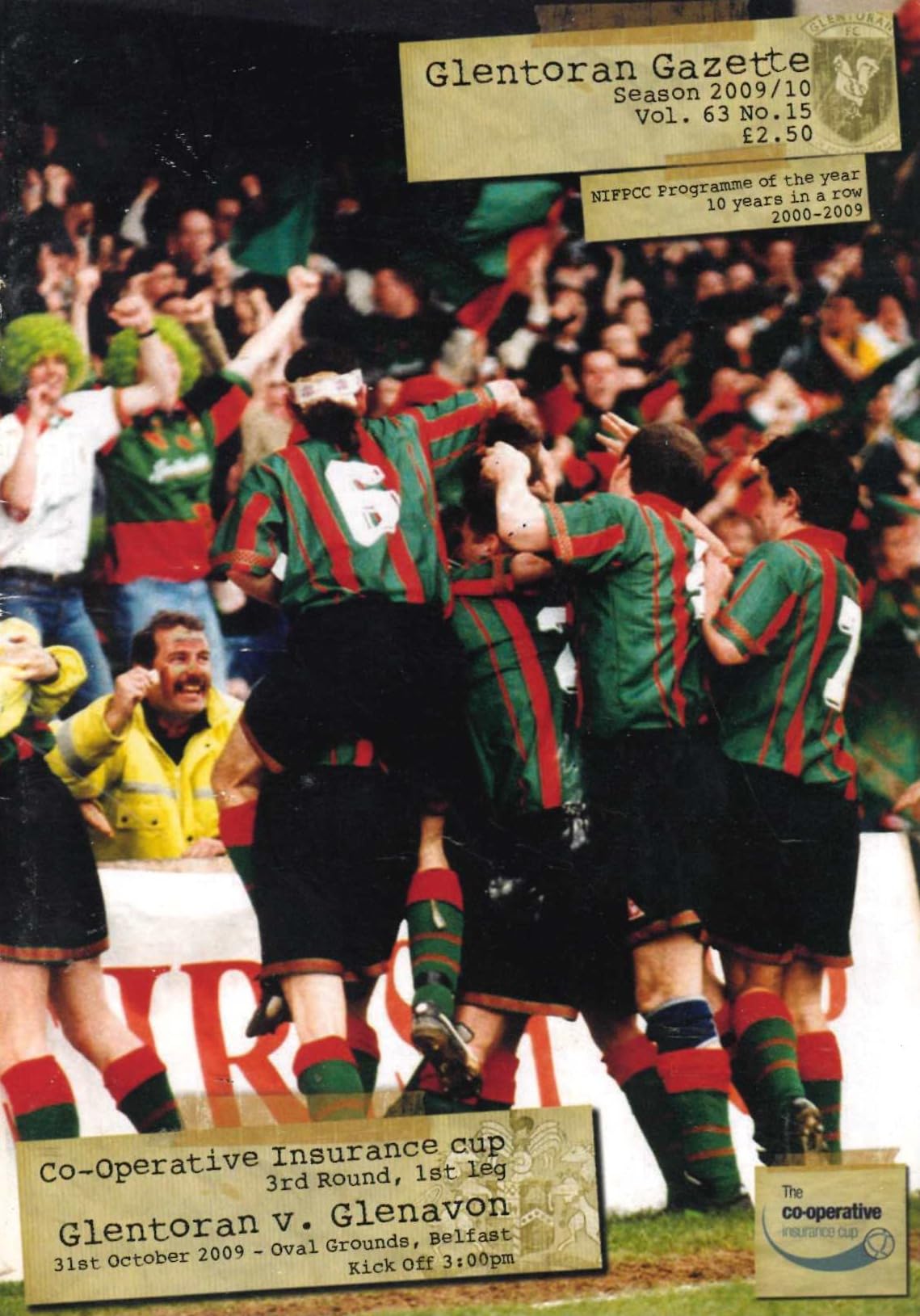 Glentoran Gazette, Season 2009/10, Vol 63, No 15: Glentoran v Glenavon, 31 October 2009 matchday programme — Co-Operative Insurance Cup 3rd round; Michel Platini, James Taylor, Mark Glendinning