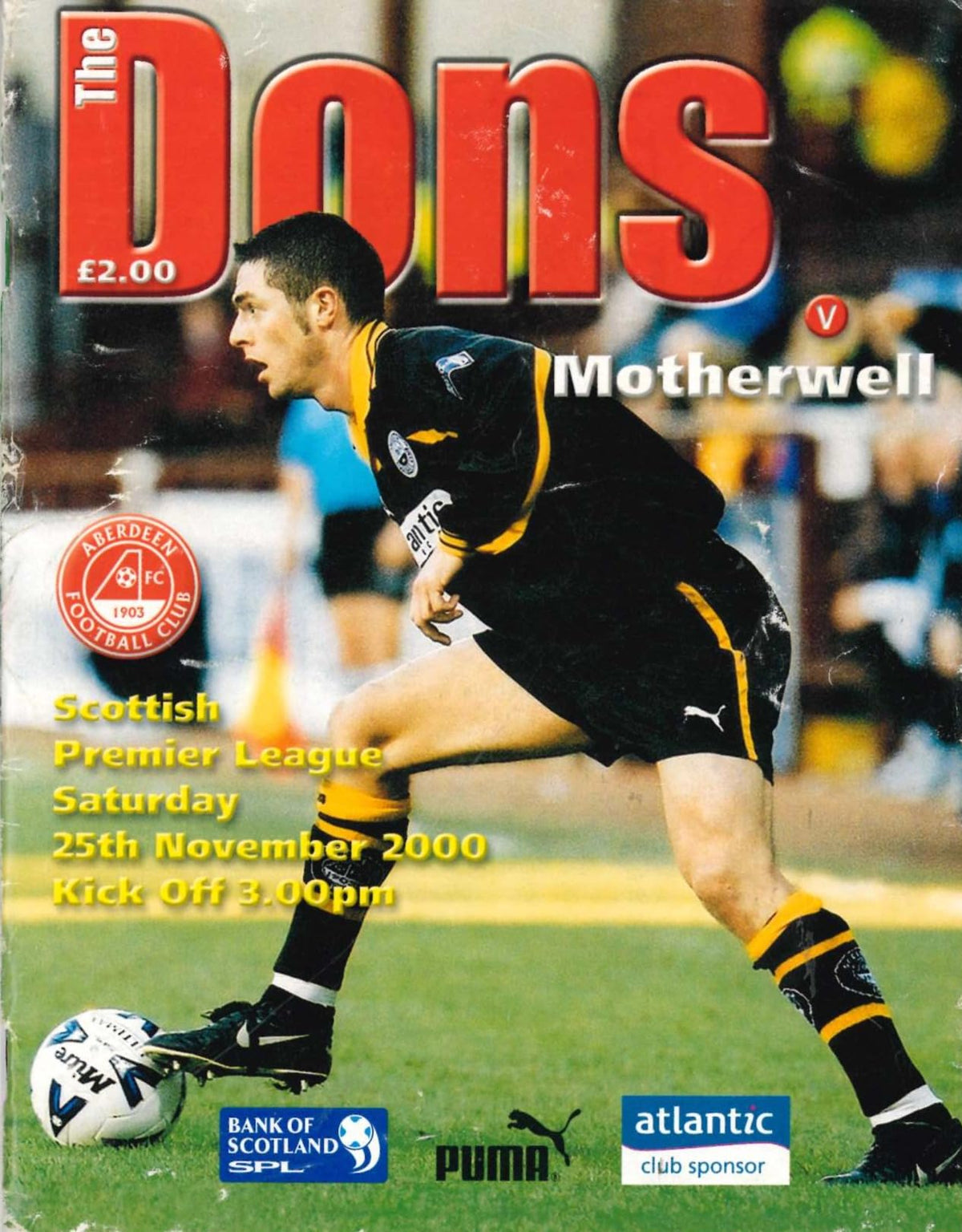 Aberdeen FC 'The Dons', Season 2000/01: Aberdeen v Motherwell, 25 November 2000 matchday programme — SPL; Ebbe Skovdahl, Jim Leighton, Andy Goram, Bank of Scotland SPL