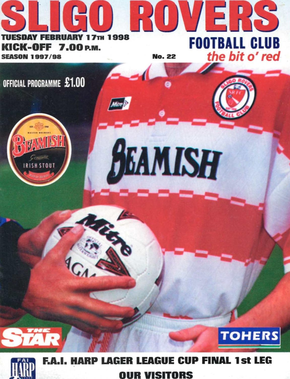 Sligo Rovers FC 'The Bit o' Red' No. 22: Sligo Rovers v Shelbourne, 17 February 1998 matchday programme — FAI HARP LAGER LEAGUE CUP FINAL first leg at the Showgrounds