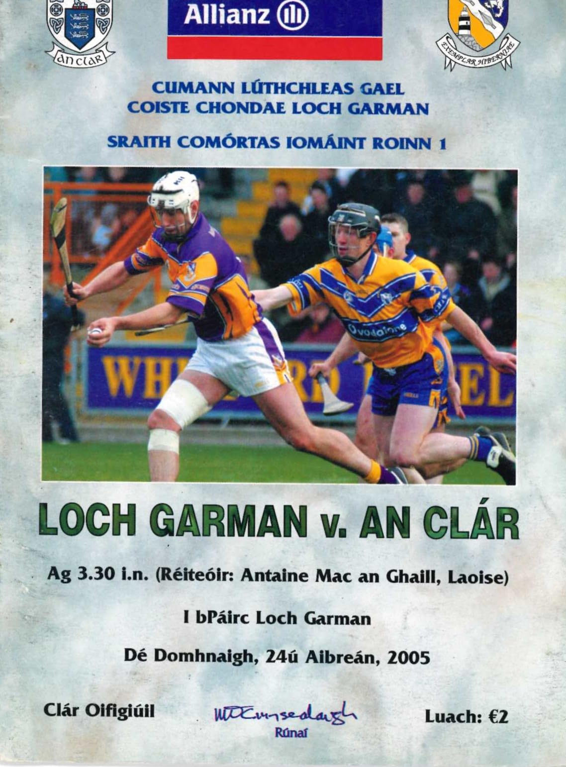 GAA Allianz Hurling National League Division 1 programme 2005: Wexford vs Clare (Loch Garman vs An Clár), Wexford Park, 24 April 2005