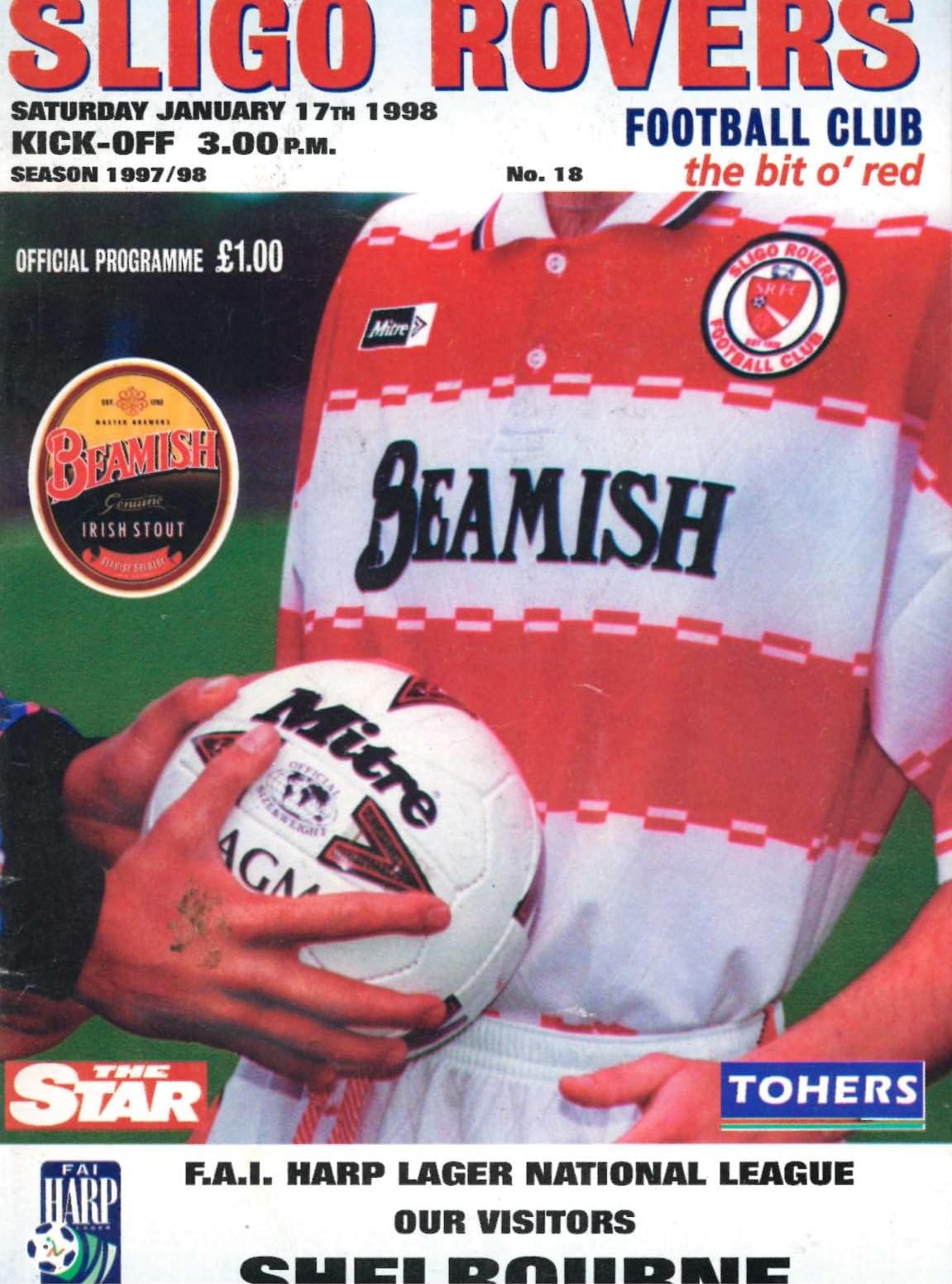 Sligo Rovers FC 'The Bit o' Red' No. 18: Sligo Rovers v Shelbourne, 17 January 1998 matchday programme — the FIRST GAME EVER TELEVISED LIVE from the Showgrounds