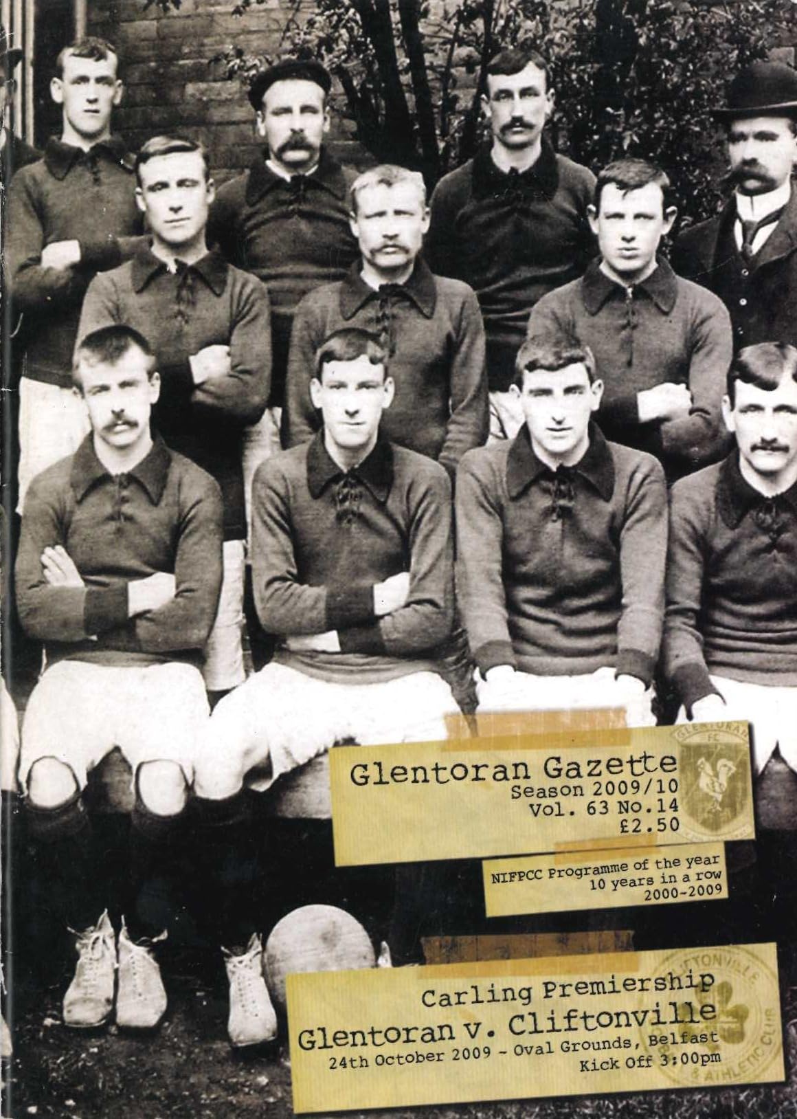 Glentoran Gazette, Season 2009/10, Vol 63, No 14: Glentoran v Cliftonville, 24 October 2009 matchday programme — Carling Premiership; Alan McDonald, Paul Leeman, Grant Gardiner, Barney Bowers
