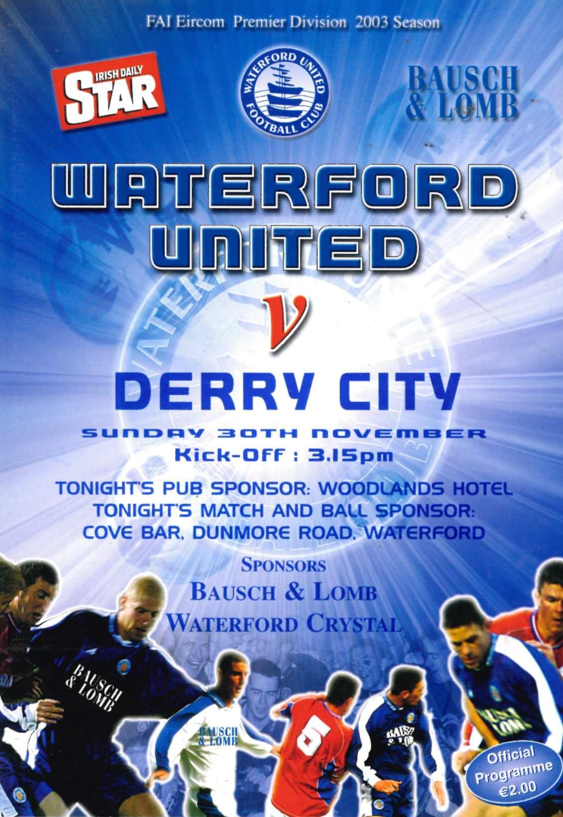 Waterford United FC, 2003 season: Waterford United v Derry City, 30 November 2003 matchday programme — FAI eircom League Premier Division at the RSC