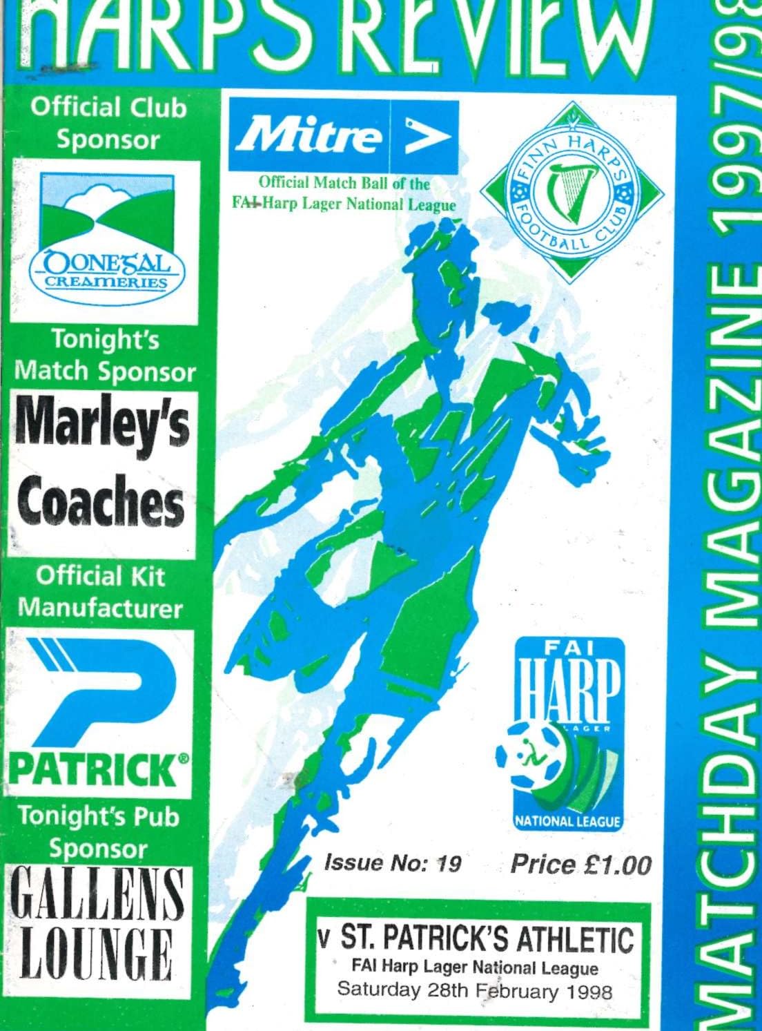 Finn Harps FC 'Harps Review' Issue 19: Finn Harps v St Patrick's Athletic, 28 February 1998 matchday programme — Finn Park; the Brendan Bradley record panel