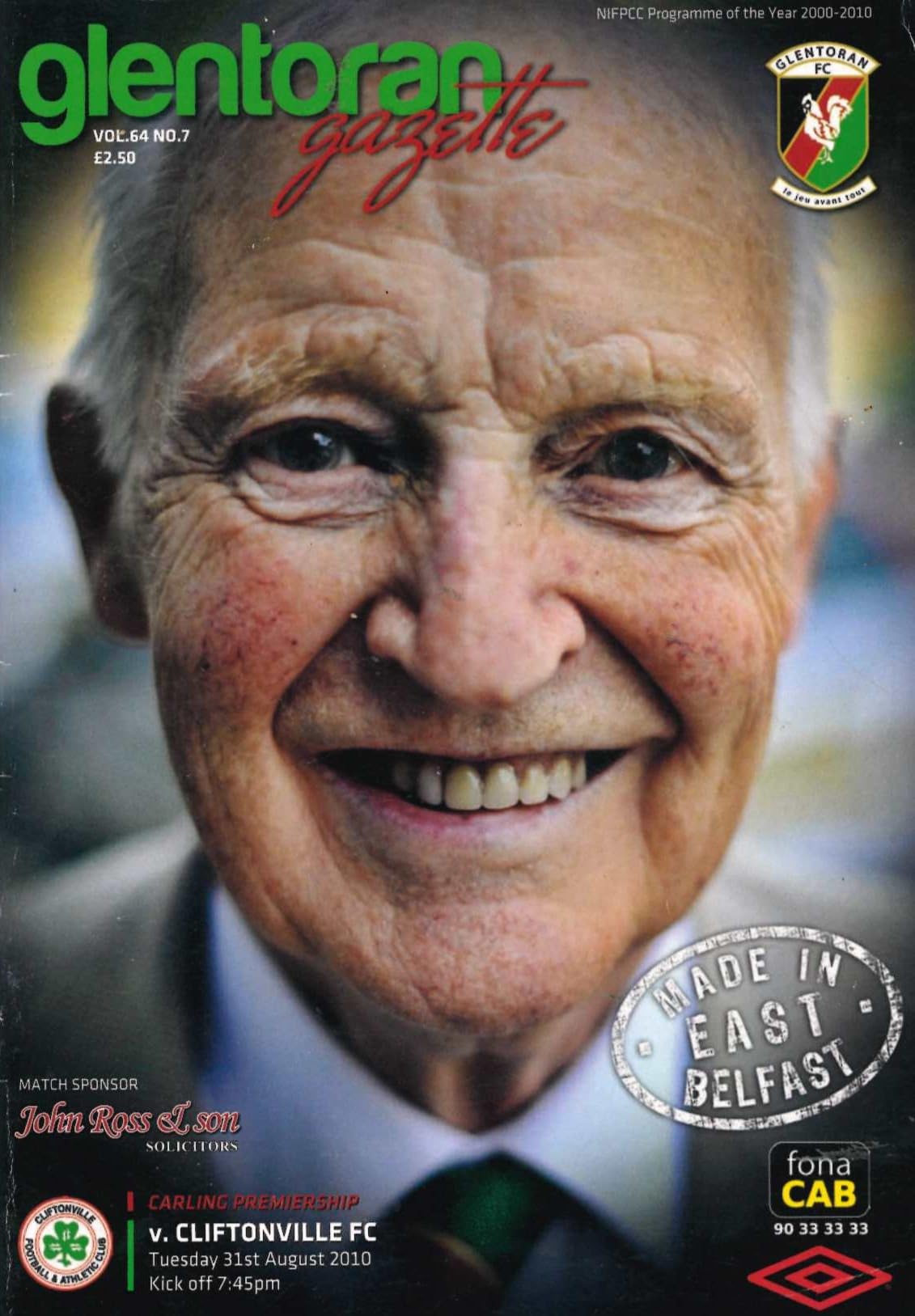 Glentoran Gazette, Season 2010/11, Vol 64, No 7: Glentoran v Cliftonville, 31 August 2010 matchday programme — Carling Premiership at The Oval; Clarence Busby, Scott Young, Roy Coyle