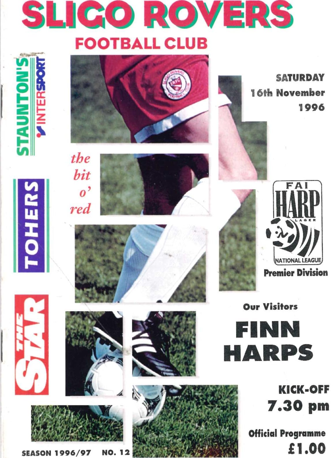 Sligo Rovers FC 'The Bit o' Red' No. 12: Sligo Rovers v Finn Harps, 16 November 1996 matchday programme — on the vacant manager's job after McStay, Sanchez and Cotterill