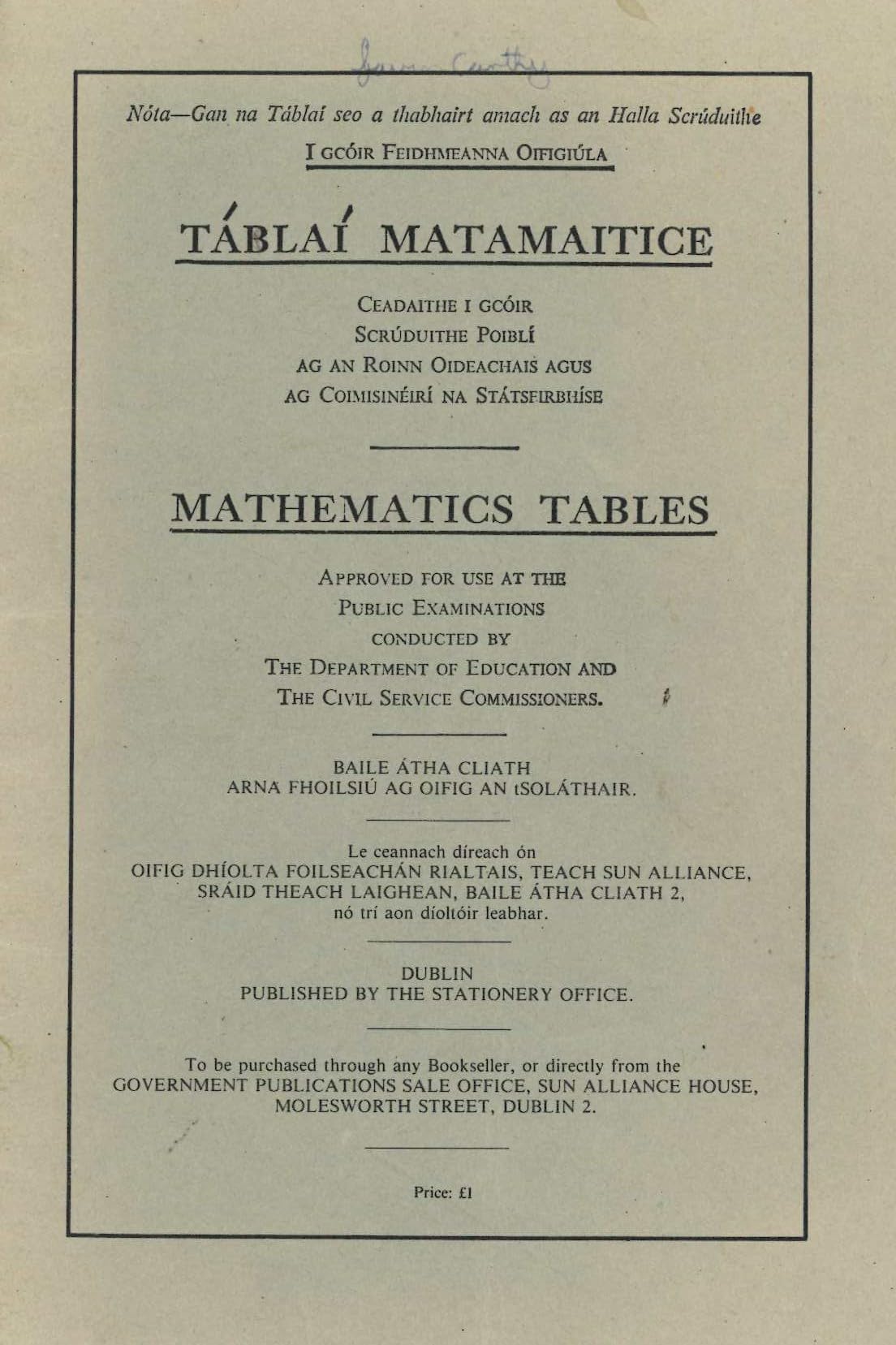 Táblaí Matamaitice/Mathematics Tables - Department of Education (Ireland)