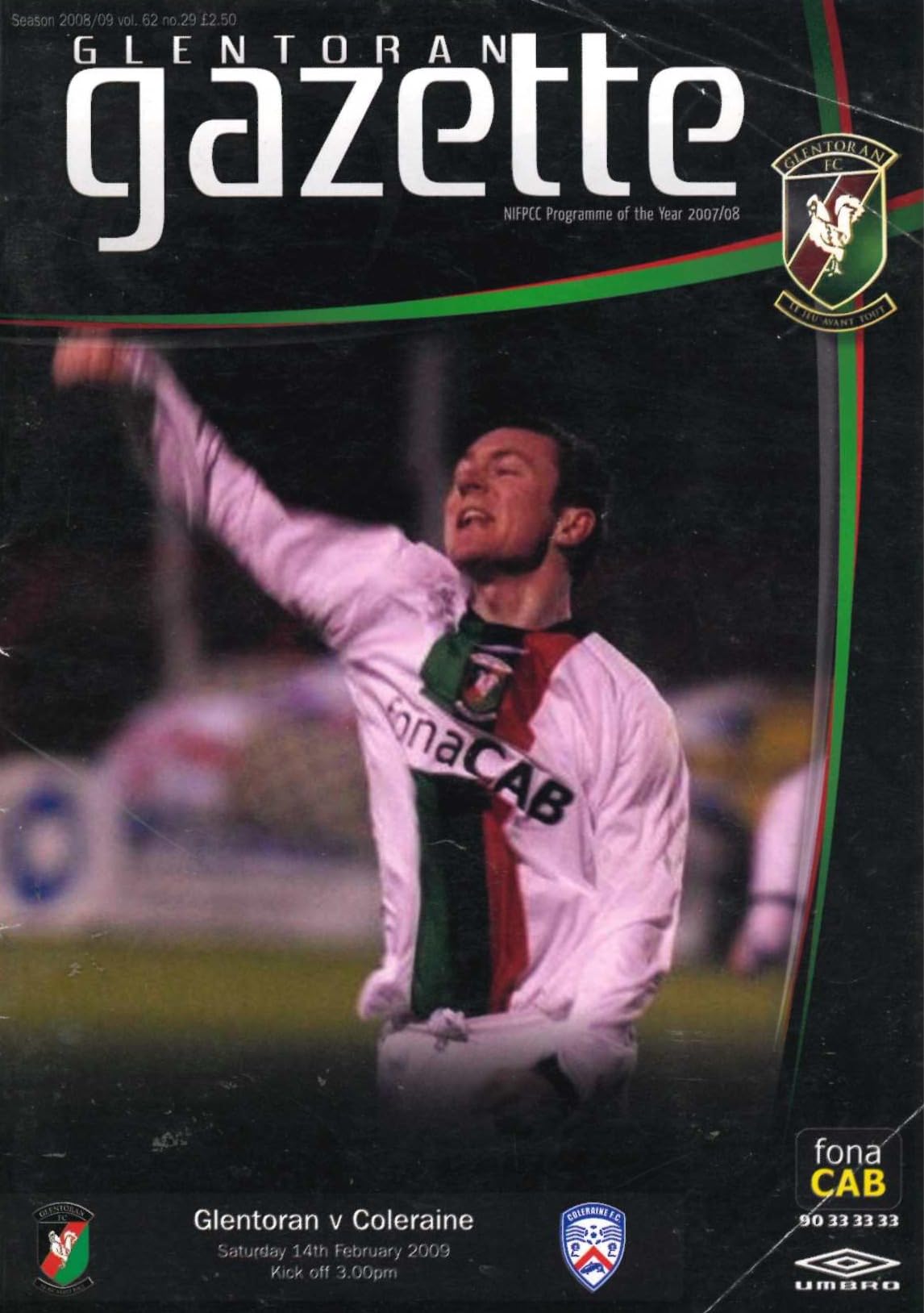 Glentoran Gazette, Season 2008/09, Vol 62, No 29: Glentoran v Coleraine, 14 February 2009 matchday programme — JJB Sports Premiership; Alan McDonald, Irish Cup v Limavady, Davy Platt