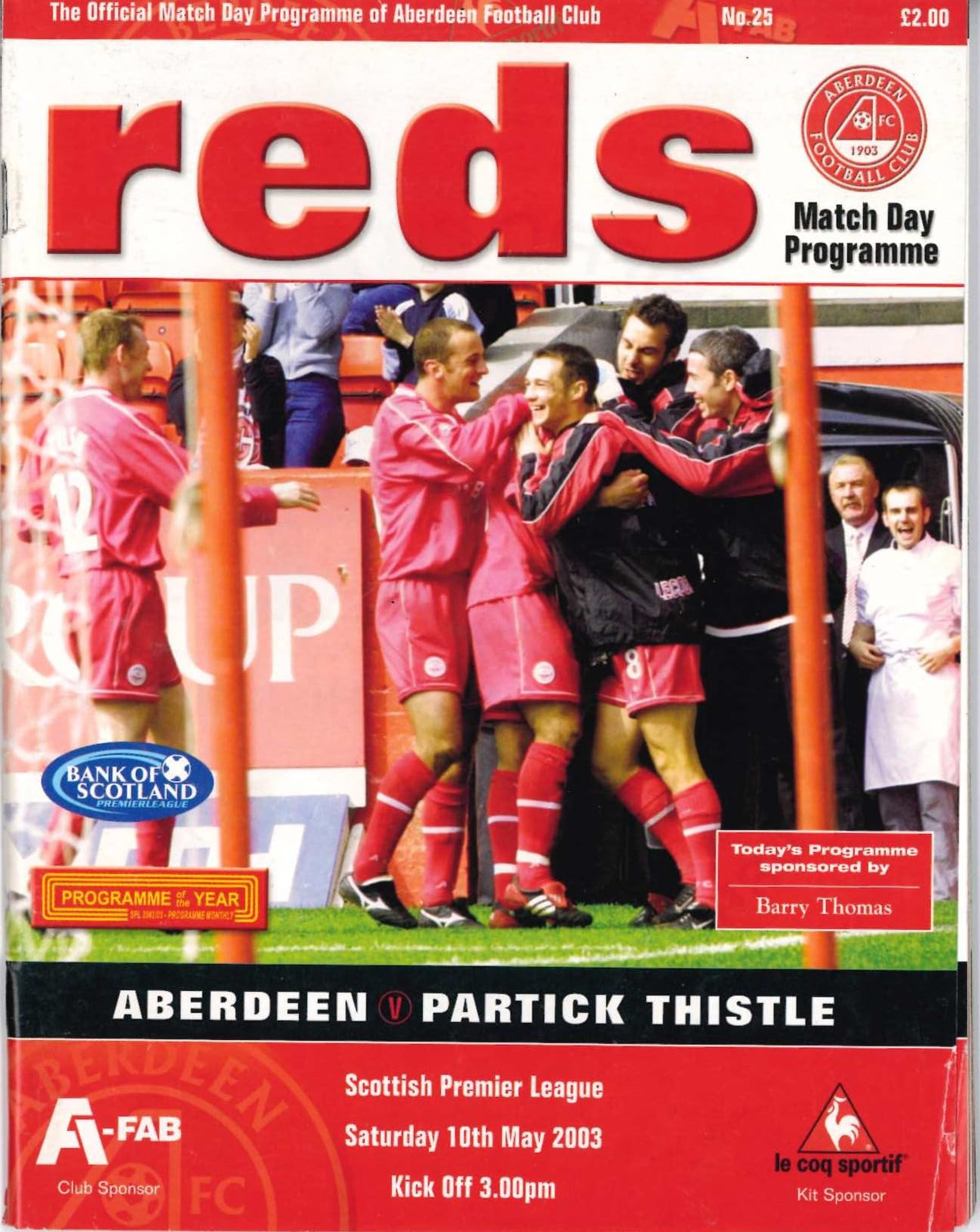 Aberdeen FC 'Reds', Season 2002/03: Aberdeen v Partick Thistle, 10 May 2003 matchday programme — SPL Programme of the Year; Steve Paterson, centenary season, Southampton visit, ECWC 20th anniversary