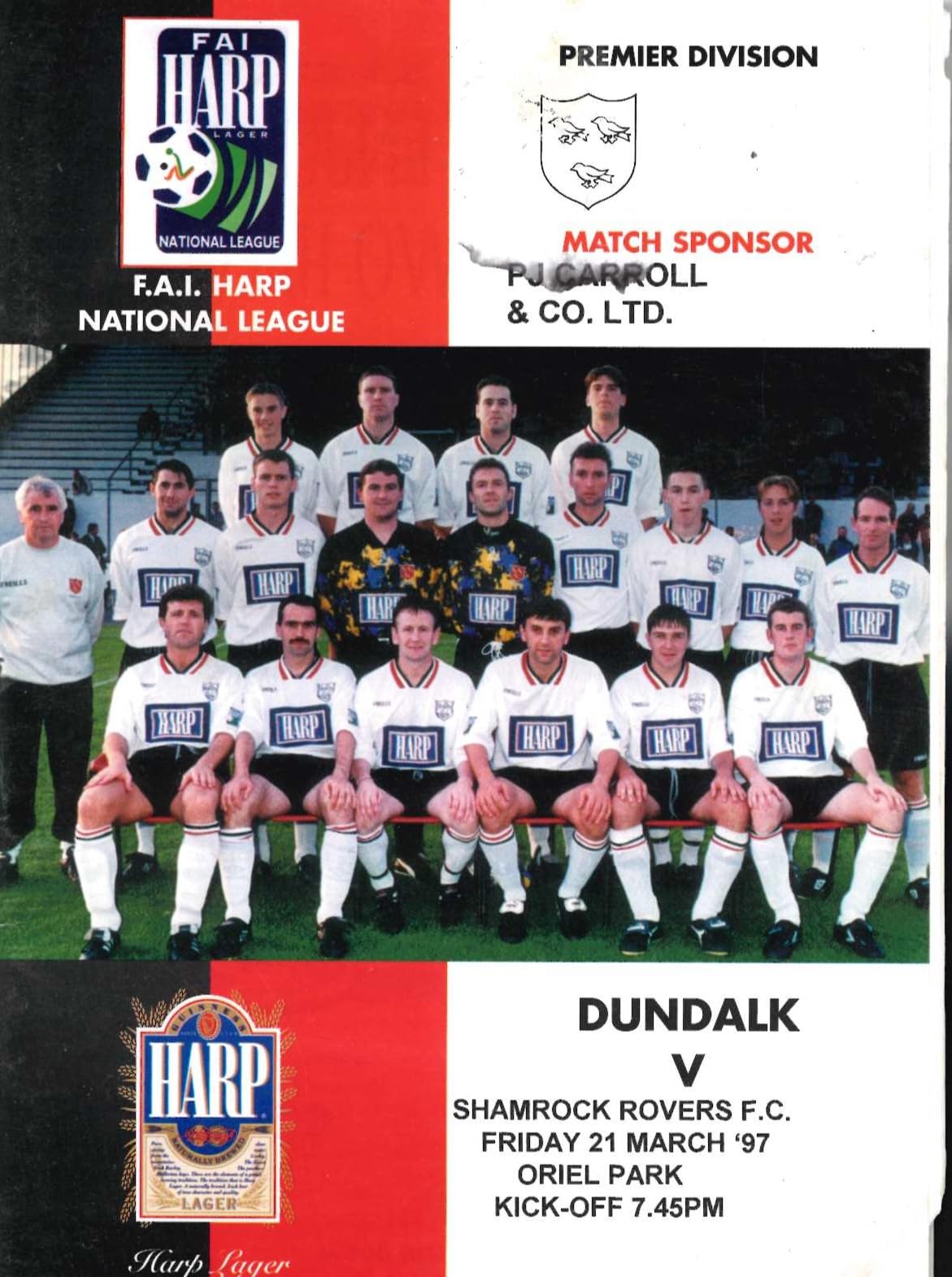 Dundalk FC: Dundalk v Shamrock Rovers, 21 March 1997 matchday programme — FAI Harp National League Premier Division at Oriel Park; full squad team photograph cover