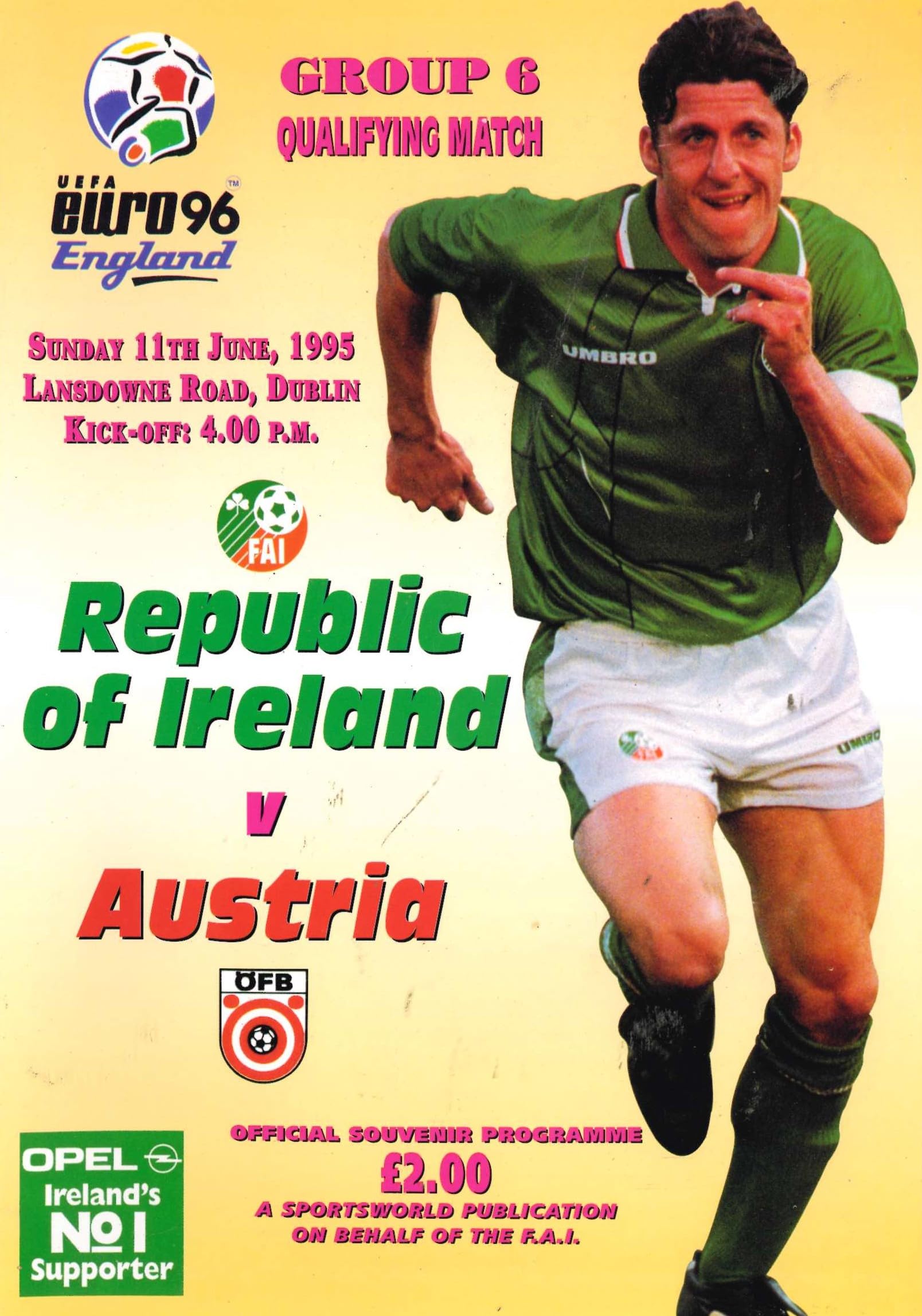 Republic of Ireland v Austria matchday programme, 11 June 1995, Lansdowne Road, Dublin - Euro '96 Group 6 Qualifying Match
