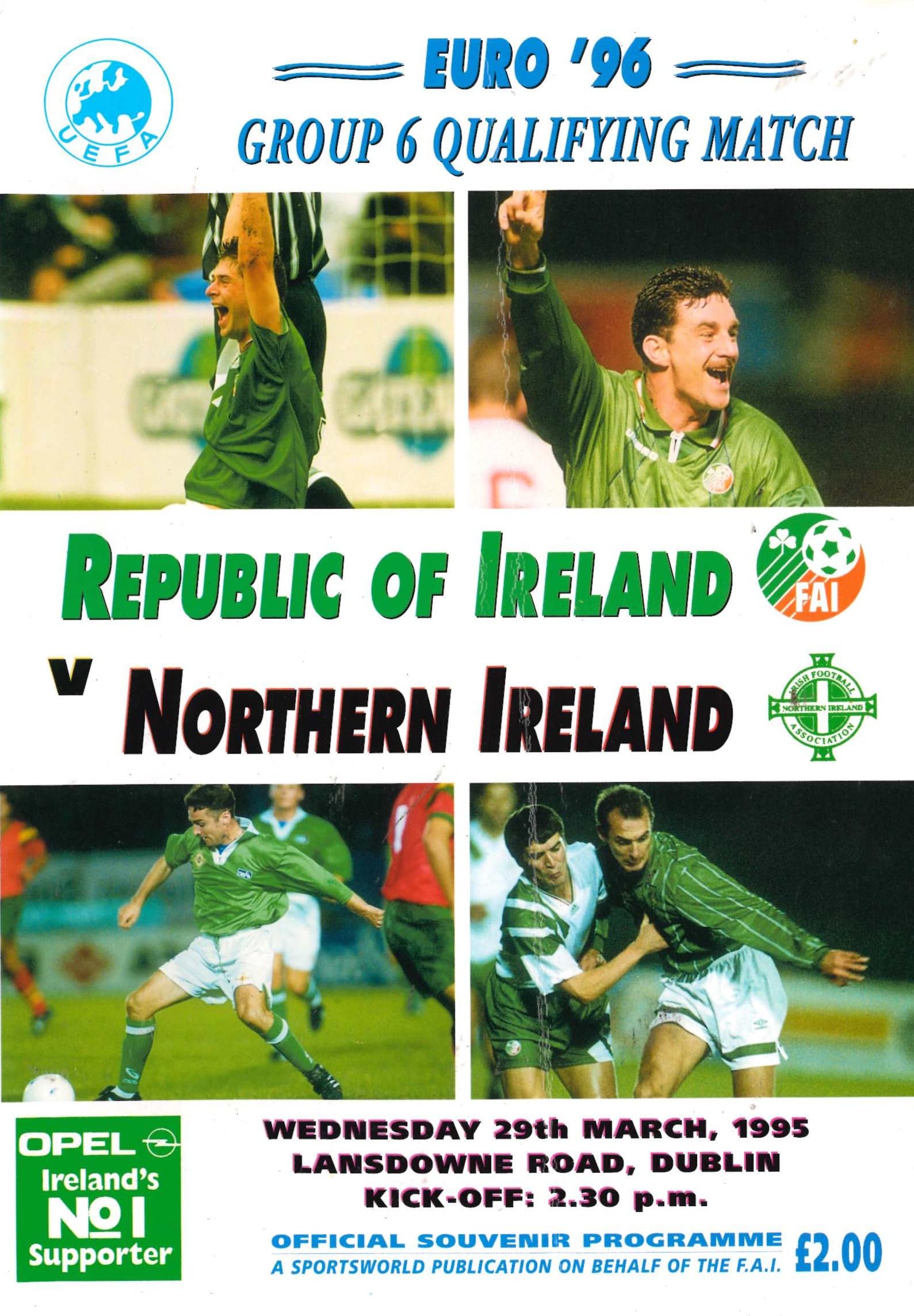 Republic of Ireland v Northern Ireland matchday programme, 20 March, 1995, Lansdowne Road, Dublin - Euro '96 Group 6 Qualifying Match