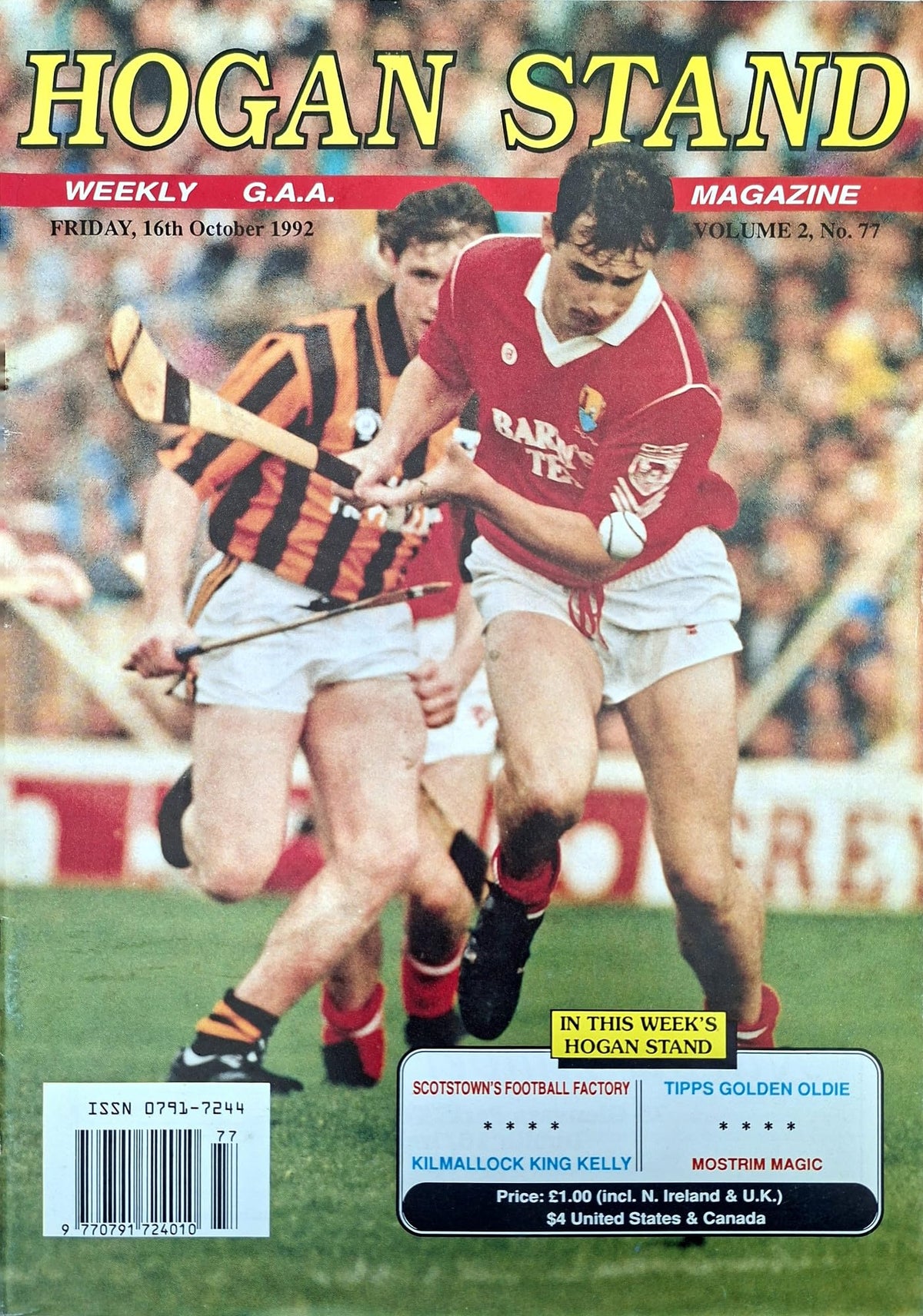 Hogan Stand GAA Magazine, 16 October 1992, Vol 2 No 77: Kilkenny v Cork 1992 All-Ireland hurling final cover; Tomás Mulcahy and Liam Walsh, Scotstown, Mostrim, Paddy Kelly of Kilmallock