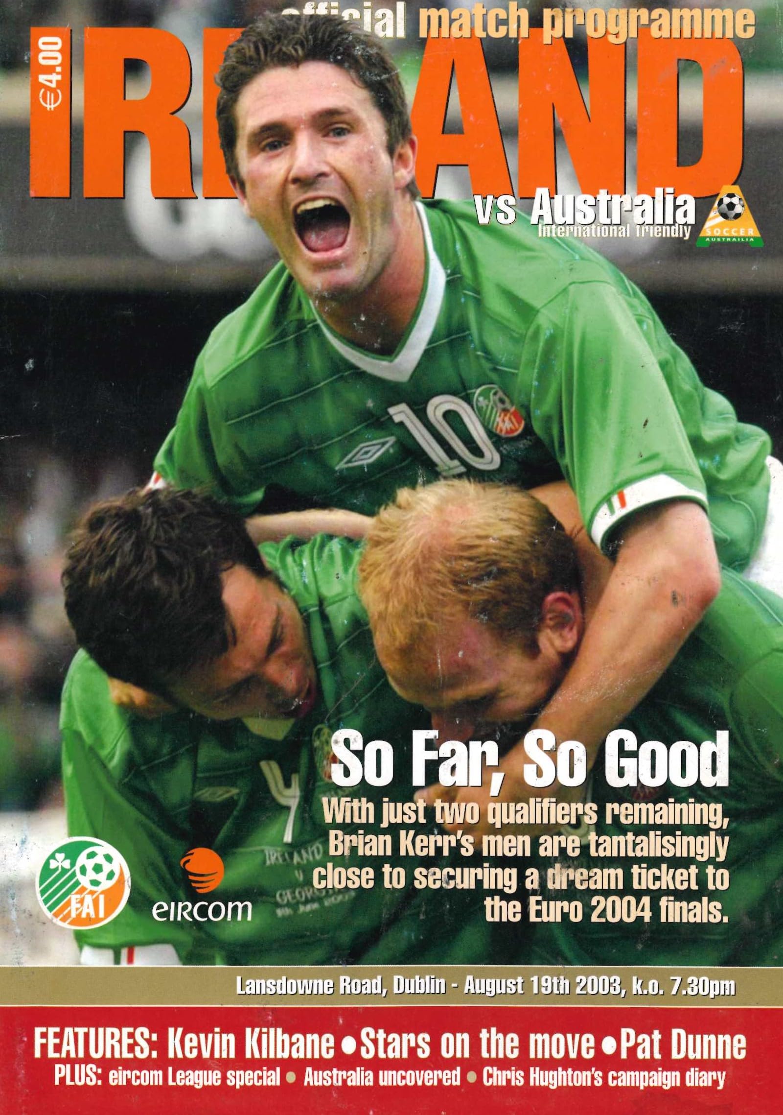 Republic of Ireland v Australia matchday programme, 19 August 2003, Lansdowne Road, Dublin - international friendly