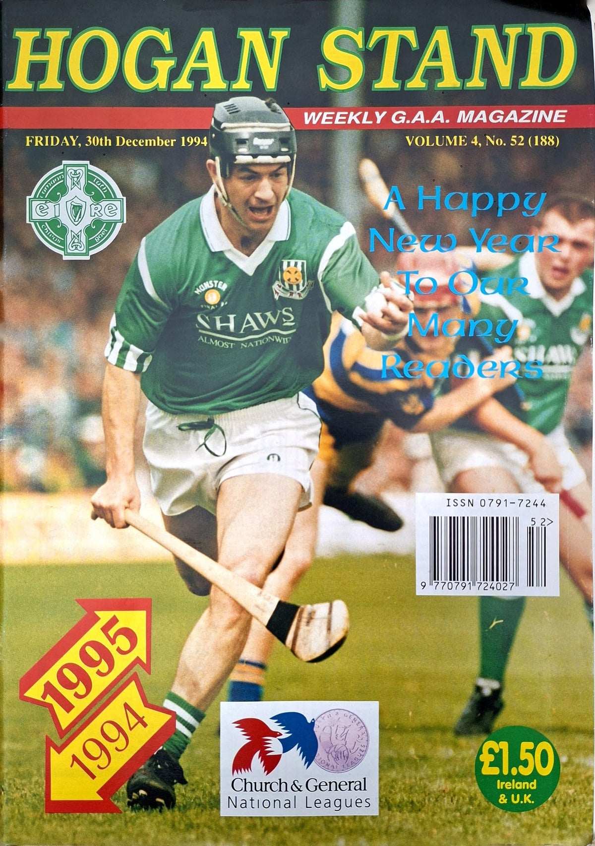Hogan Stand GAA Magazine, 30 December 1994, Vol 4 No 52 (188): New Year issue – Bellaghy Ulster club champions 1994, Louth team in colour; Mike Galligan cover, 1994 All-Stars, Glyde Rangers, Ardara