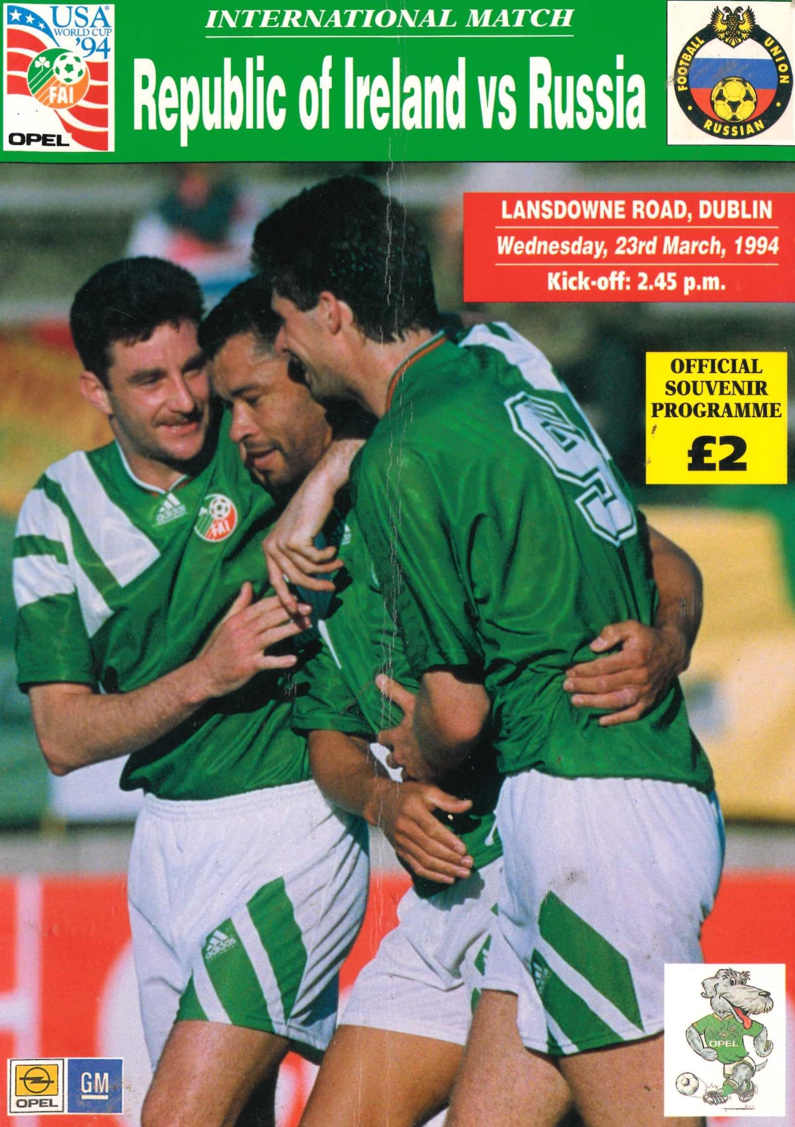 Republic of Ireland v Russia matchday programme, 23 March 1994, Lansdowne Road, Dublin - World Cup Qualifying Match - Mick McCarthy cover