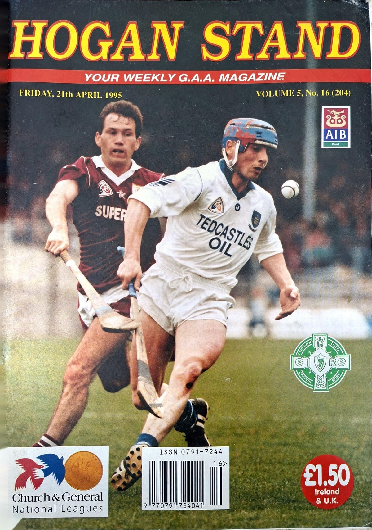 Hogan Stand GAA Magazine, 21 April 1995, Vol 5 No 16 (204): Waterford v Galway NHL quarter-final cover; Meath hurling revival, Carrickmore, Monaghan football, Danny Culligan, Darren Ronan