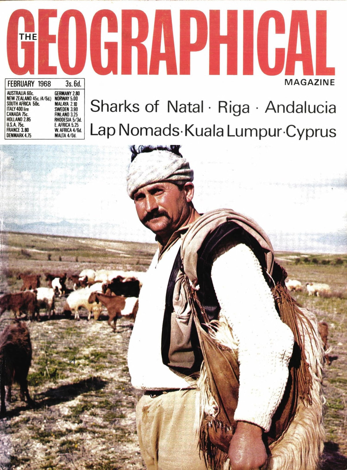 The Geographical Magazine, February 1968, Vol XL (40) No 10: Cyprus; Sharks of Natal; Riga; Andalucia; Lapp Nomads; Kuala Lumpur