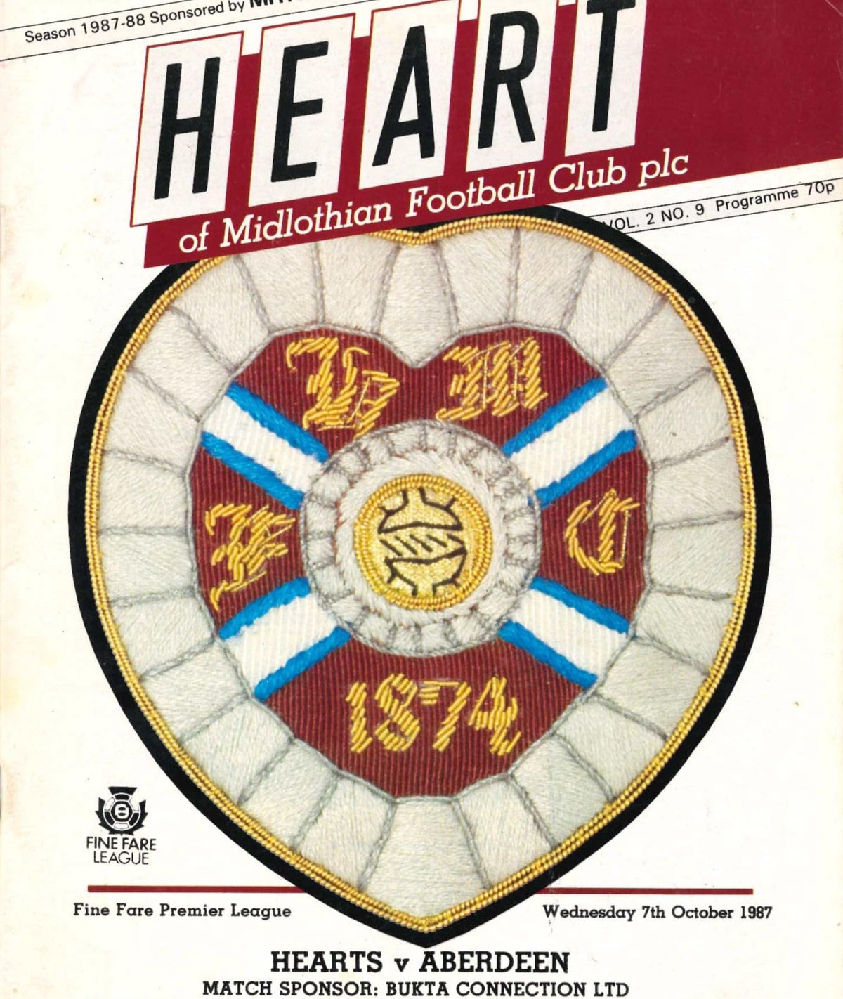 Heart of Midlothian FC, Season 1987/88: Hearts v Aberdeen, 7 October 1987 matchday programme — Fine Fare Premier League at Tynecastle; Craig Levein's first full match, John Colquhoun