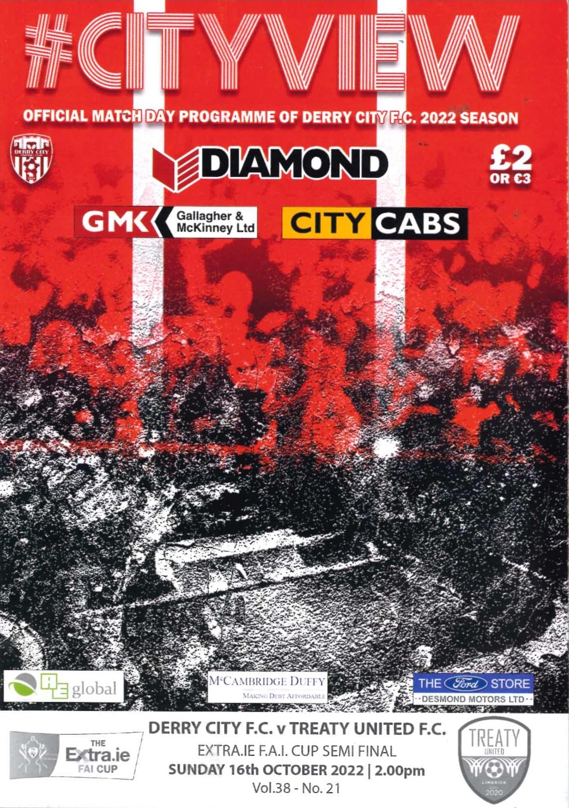 Derry City FC '#CityView', 2022 season, Vol 38 No 21: Derry City v Treaty United, 16 October 2022 matchday programme — Extra.ie FAI Cup semi-final at the Ryan McBride Brandywell