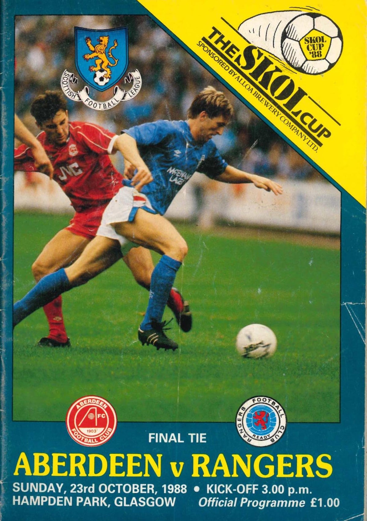 Scottish League Cup (Skol Cup) final programme, Season 1988/89: Aberdeen v Rangers, Hampden Park, 23 October 1988 — the Skol Cup final at Hampden; Aberdeen v Rangers