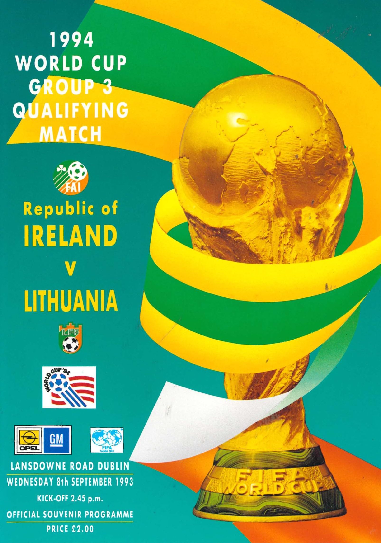 Republic of Ireland v Lithuania matchday programme, 8 September 1993, Lansdowne Road, Dublin - USA '94 World Cup Group 3 Qualifying Match