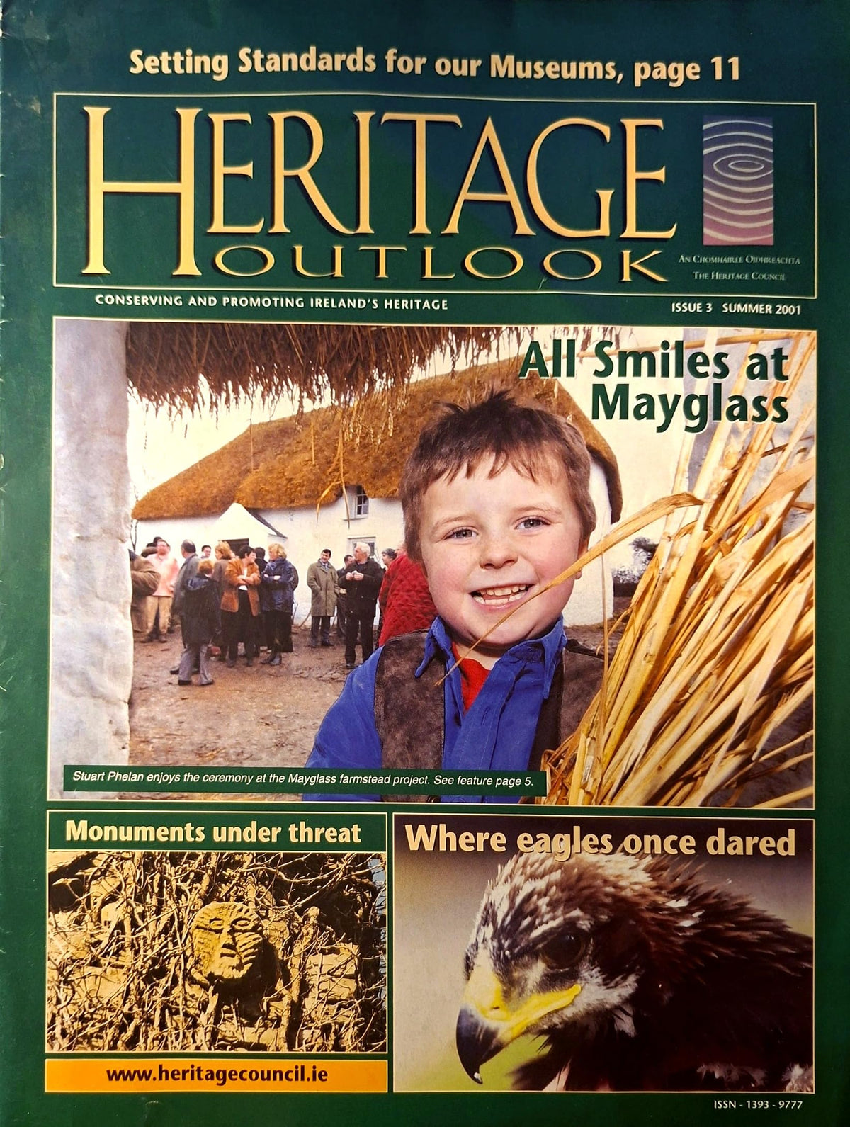 Heritage Outlook, Issue 3, Summer 2001 – Heritage Council newsletter: All Smiles at Mayglass, golden eagle comeback, monuments under threat, museum standards, buildings at risk