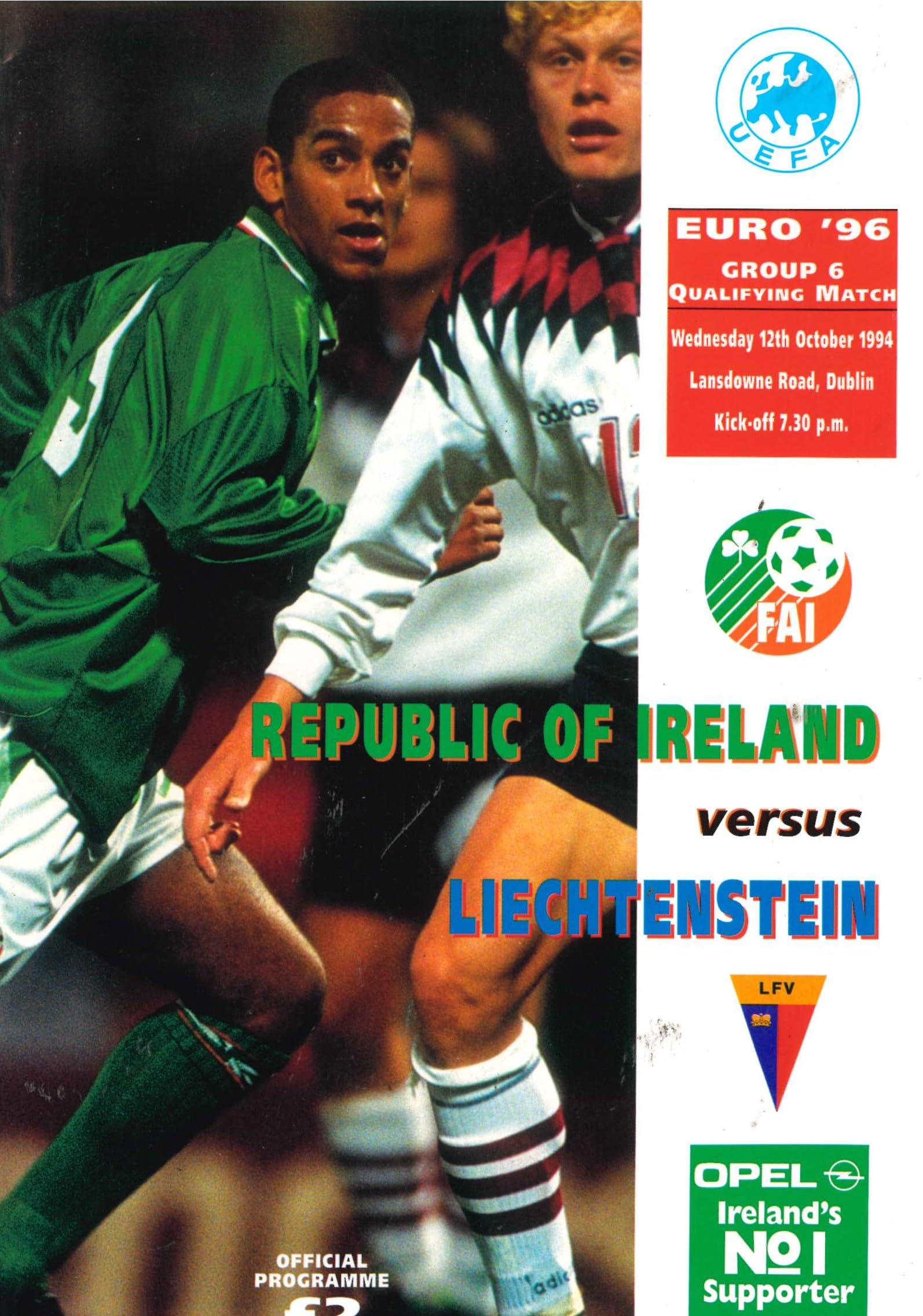 Republic of Ireland v Liechtenstein matchday programme, 12 October 1994, Lansdowne Road, Dublin - Euro '96 Group 6 Qualifying Match
