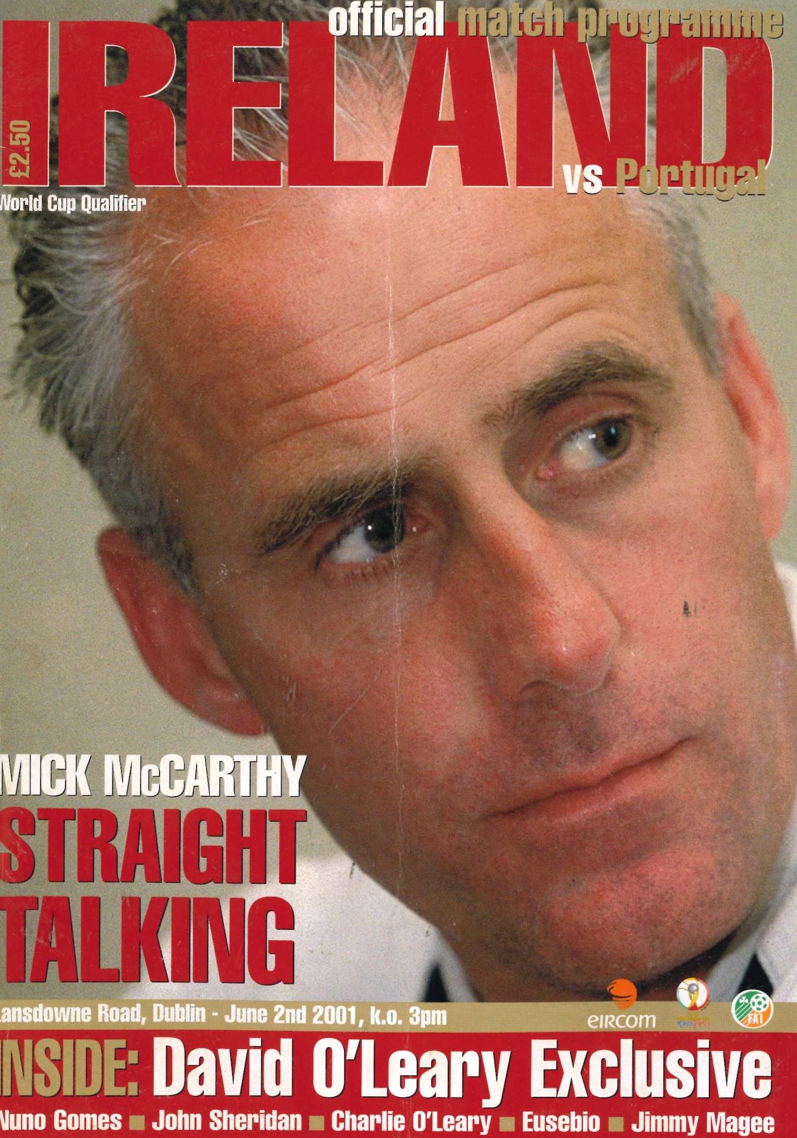 Republic of Ireland v Portugal matchday programme, 2 June 2001, Lansdowne Road, Dublin - World Cup Qualifying Match - Mick McCarthy cover