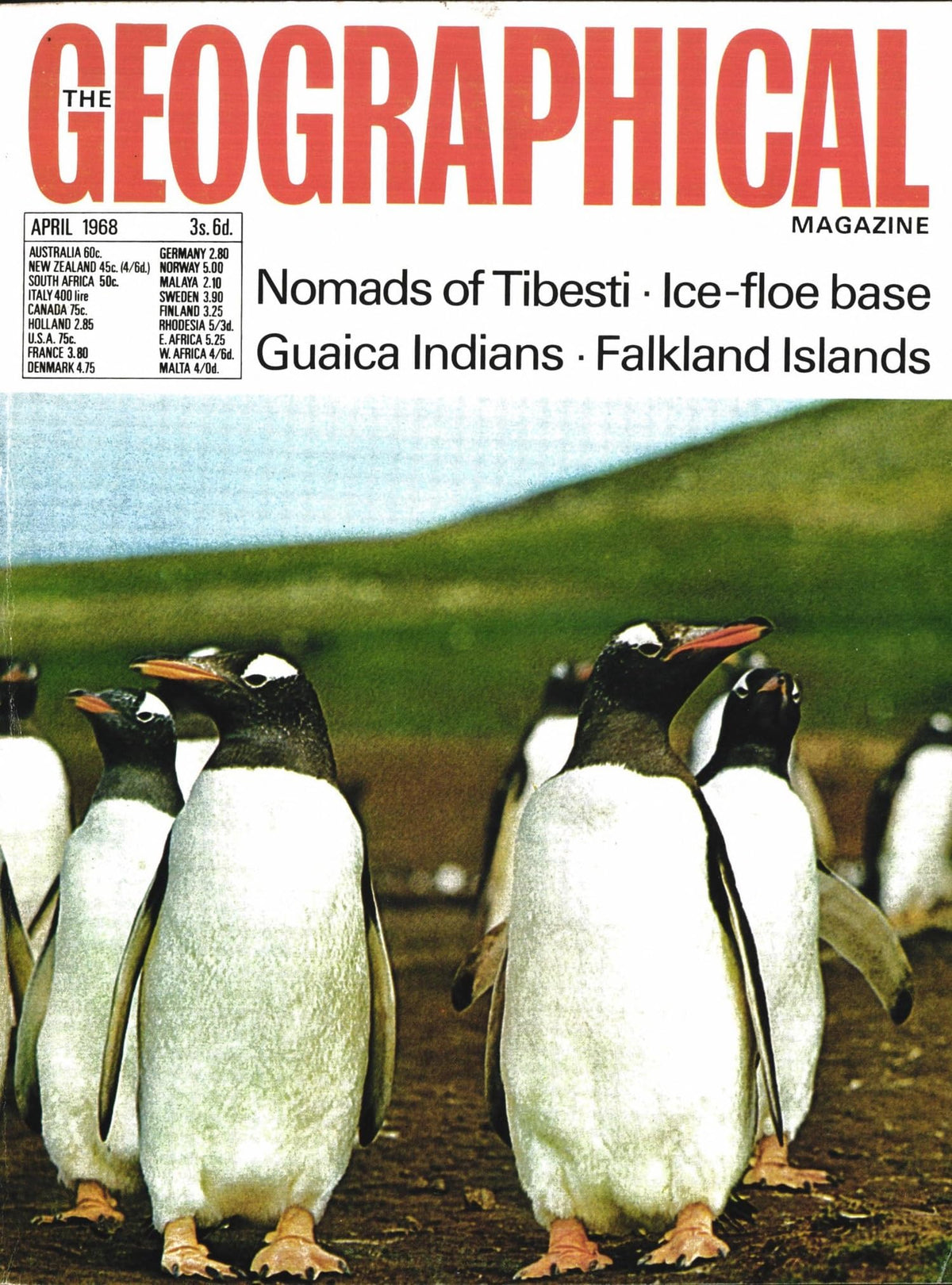 The Geographical Magazine, April 1968, Vol XL (40) No 12: Falkland Islands; Nomads of Tibesti; Soviet ice-floe base; Guaica Indians; Netherlands canals