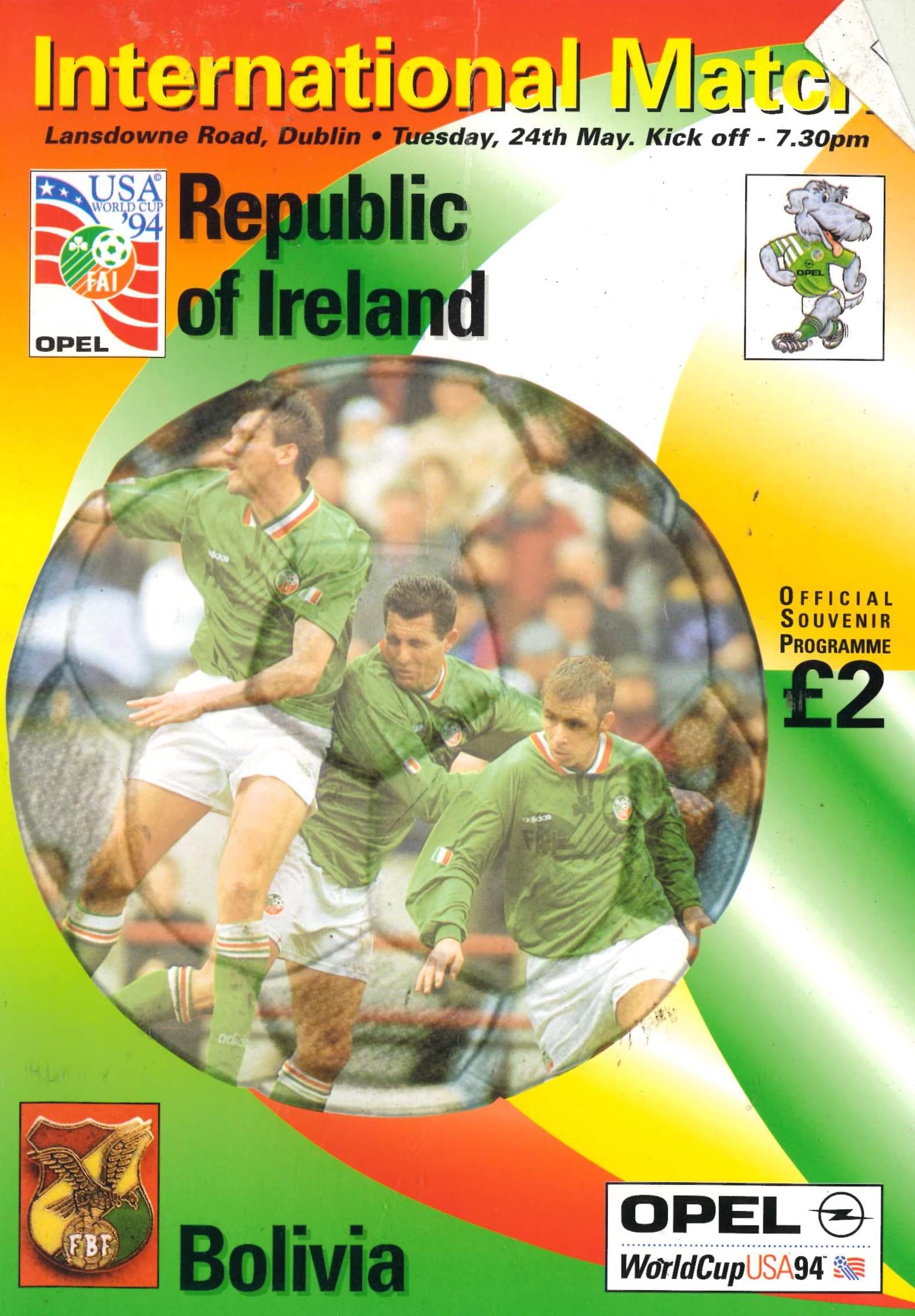 Republic of Ireland v Bolivia matchday programme, 24 May 1994, Lansdowne Road, Dublin - Euro '96 Group 6 Qualifying Match