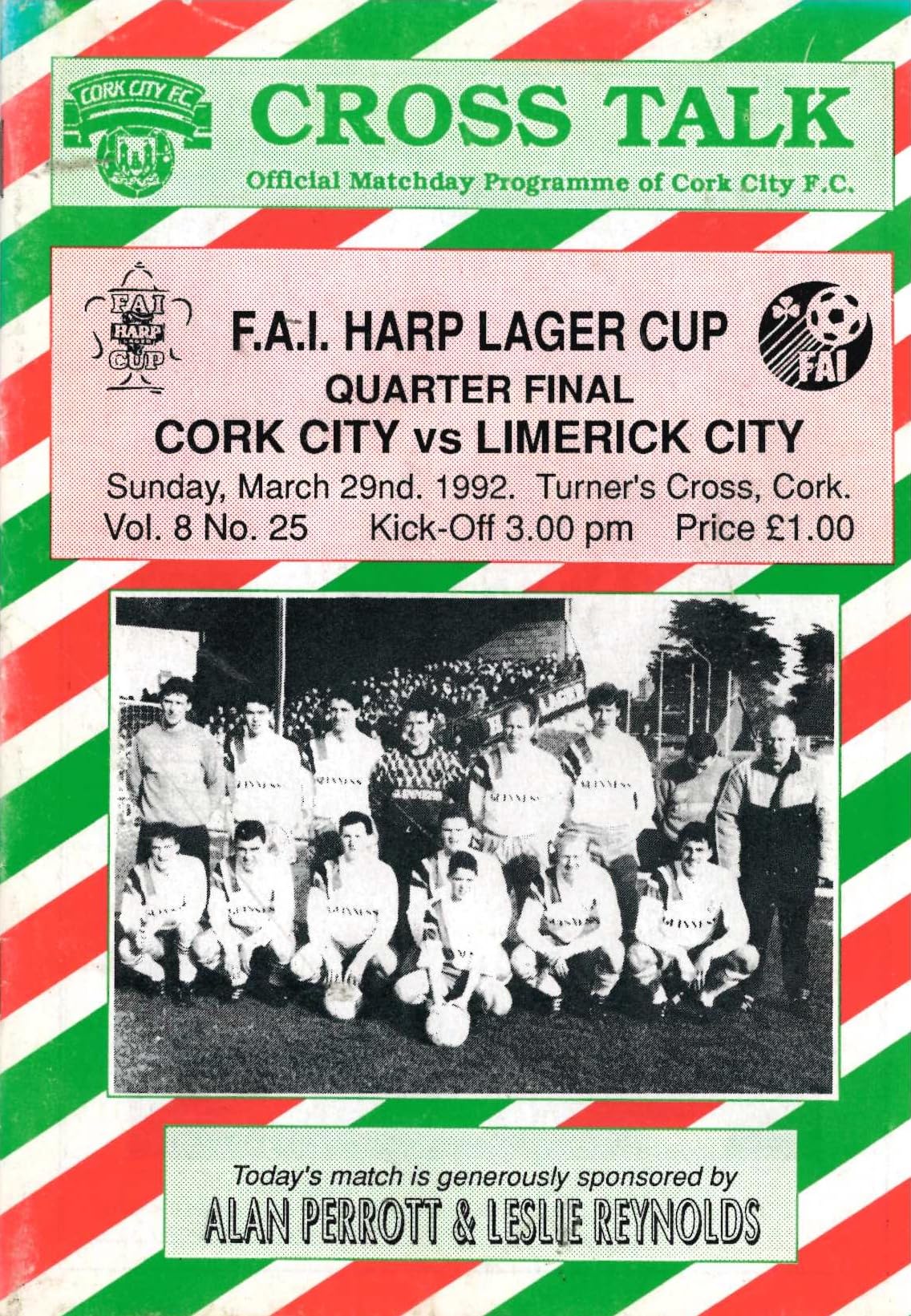 Cork City 'Cross Talk' Vol 8 No 25: Cork City v Limerick City, 29 March 1992 matchday programme — FAI Harp Lager Cup quarter-final at Turner's Cross; the chairman announces the building of Bishopstown