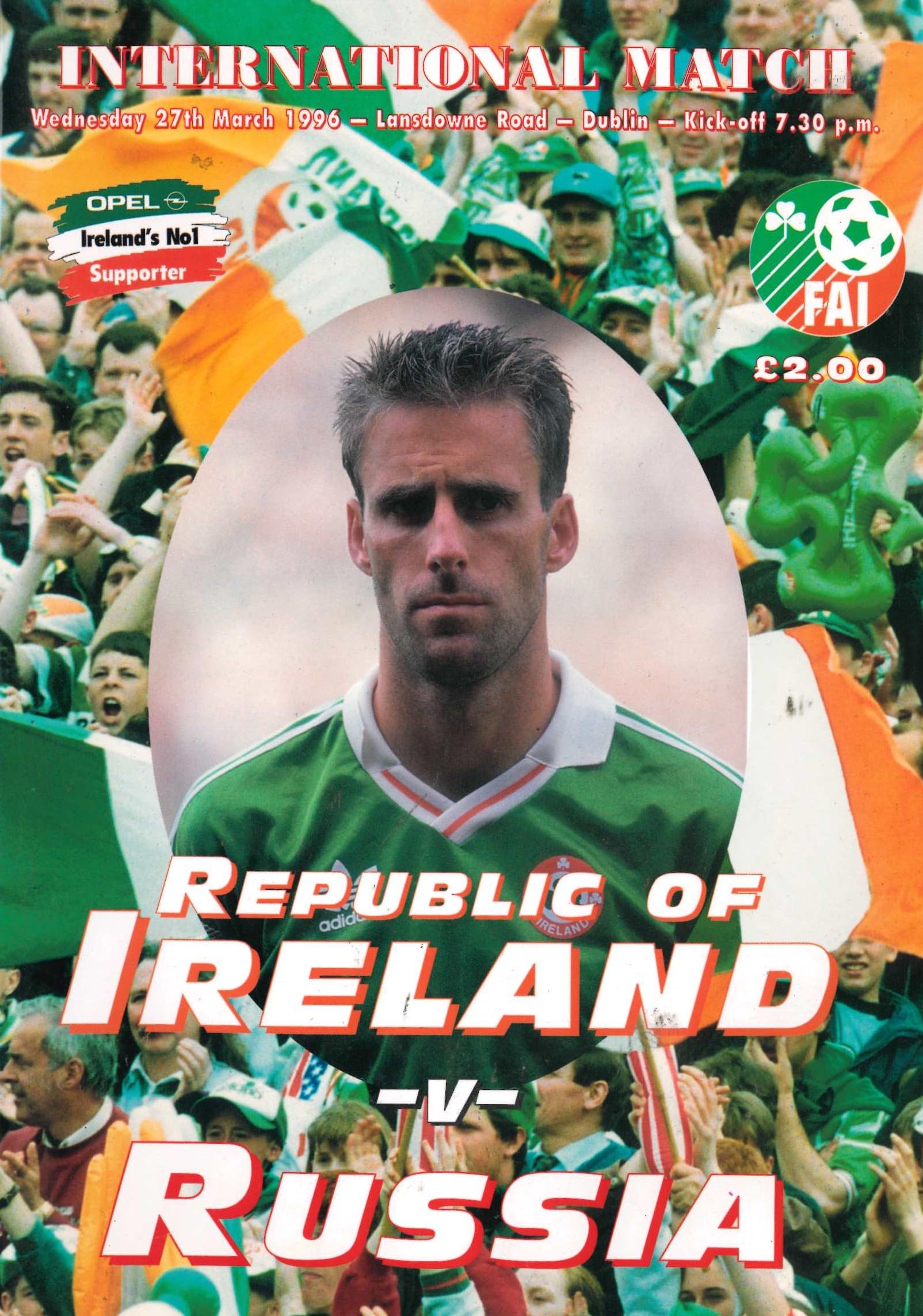 Republic of Ireland v Russia matchday programme, 27 March 1996, Lansdowne Road, Dublin - Euro '96 Group 6 Qualifying Match