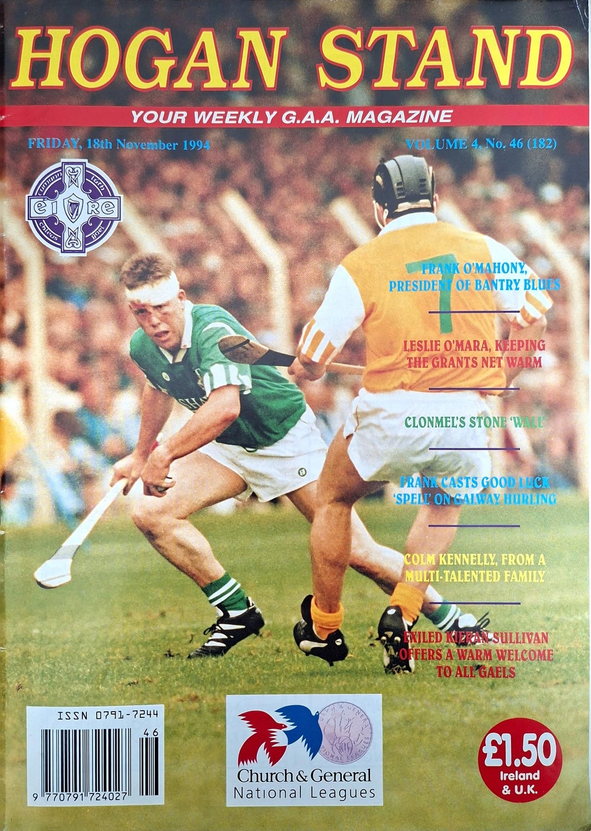 Hogan Stand GAA Magazine, 18 November 1994, Vol 4 No 46 (182): Gary Kirby v Antrim cover, Roscommon footballers in colour; London GAA at Ruislip, Bantry Blues, Jason Sherlock, Eastern Harps