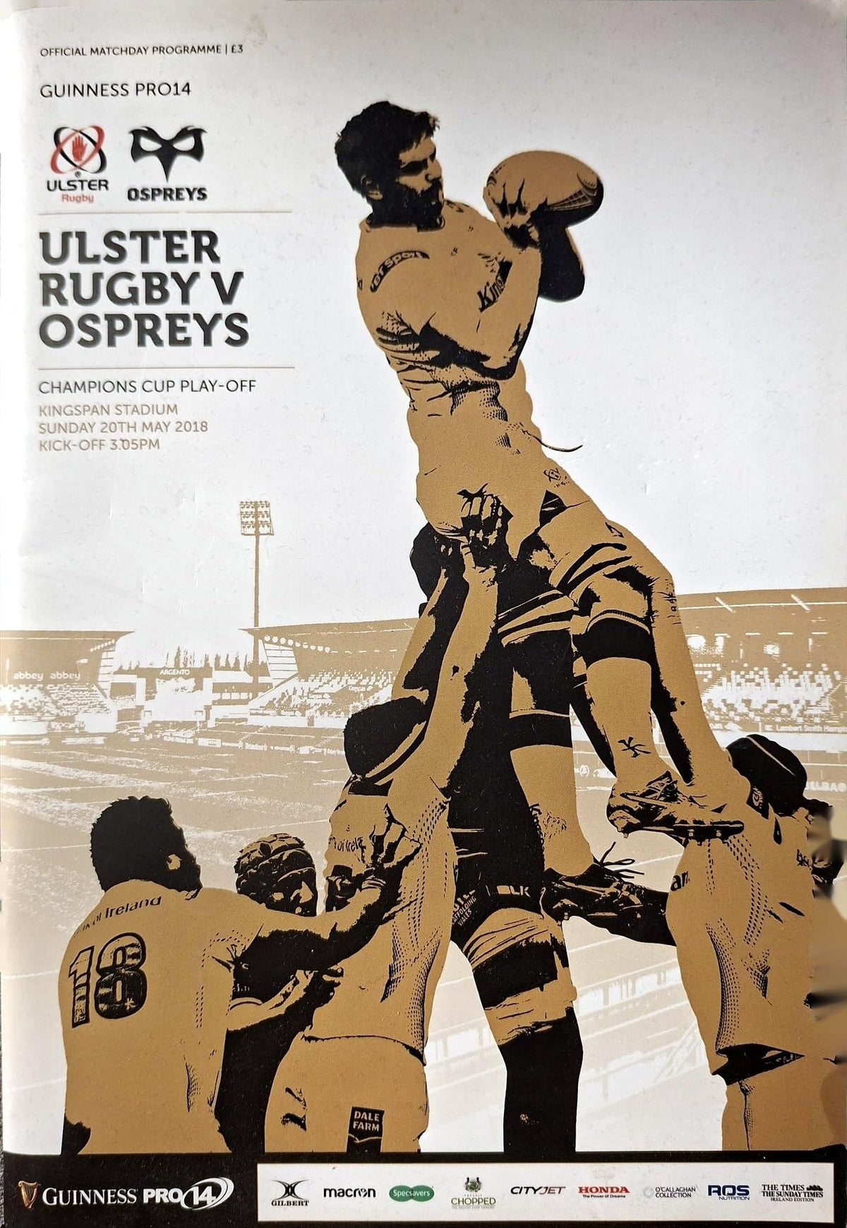 Guinness PRO14 Champions Cup play-off matchday programme 2018: Ulster Rugby v Ospreys, Kingspan Stadium, Belfast, 20 May 2018 – Sean Reidy, Jono Gibbes, Allen Clarke, Owen Watkin