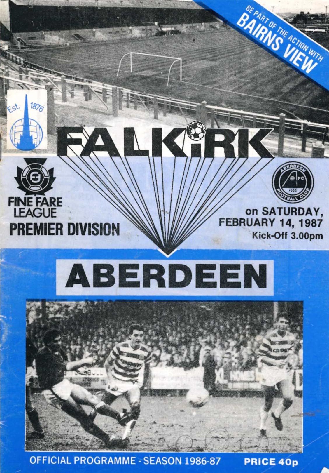 Falkirk FC, Season 1986/87: Falkirk v Aberdeen, 14 February 1987 matchday programme — Fine Fare Premier Division at Brockville; Ian Porterfield's Aberdeen, Paul McStay cover