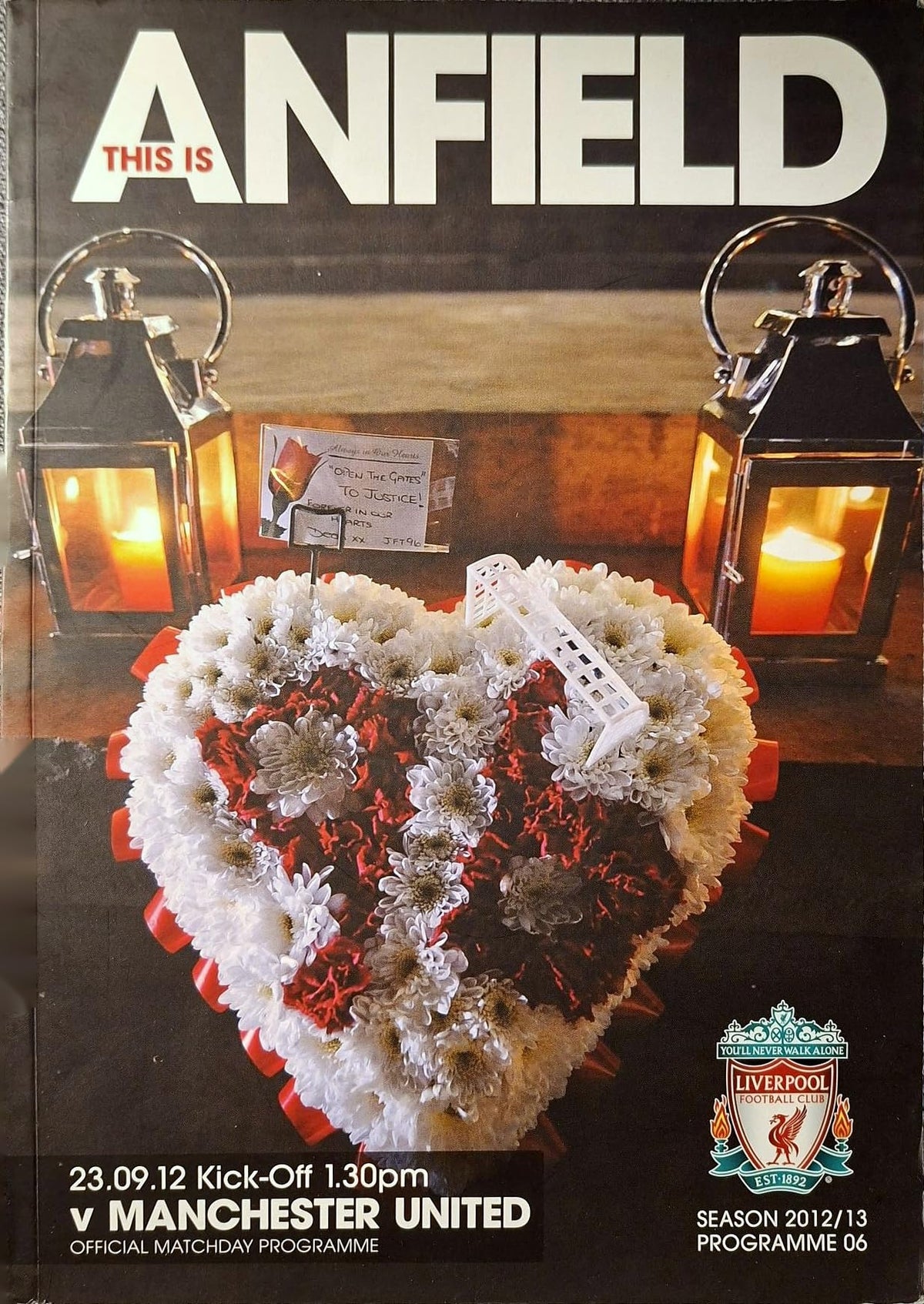 Liverpool FC 'This is Anfield', Season 2012/13, No 06: Liverpool v Manchester United, 23 September 2012 matchday programme – Premier League; Hillsborough tribute issue, Brendan Rodgers, Daniel Agger