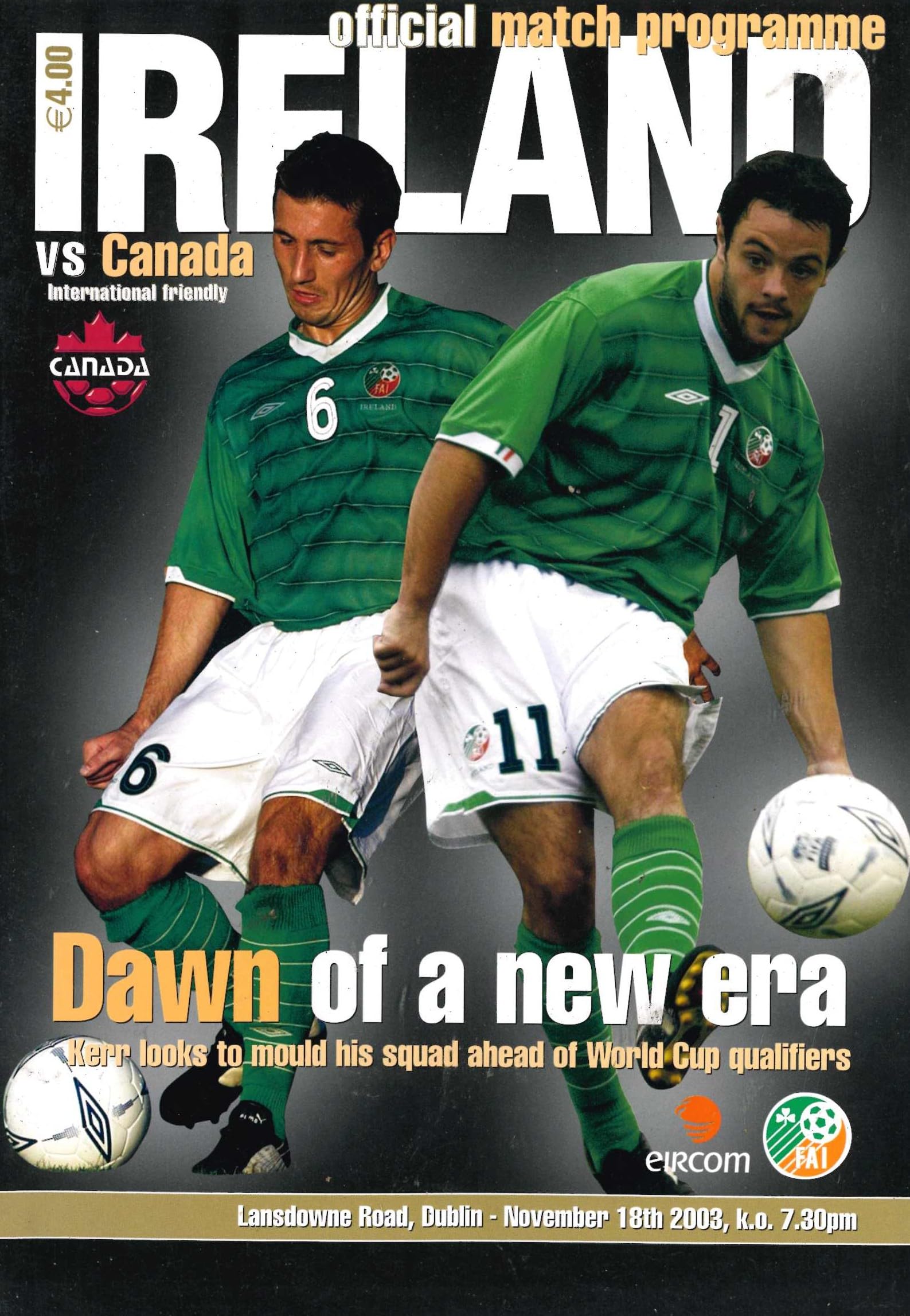Republic of Ireland v Canada matchday programme, 18 November 2003, Lansdowne Road, Dublin - International Friendly