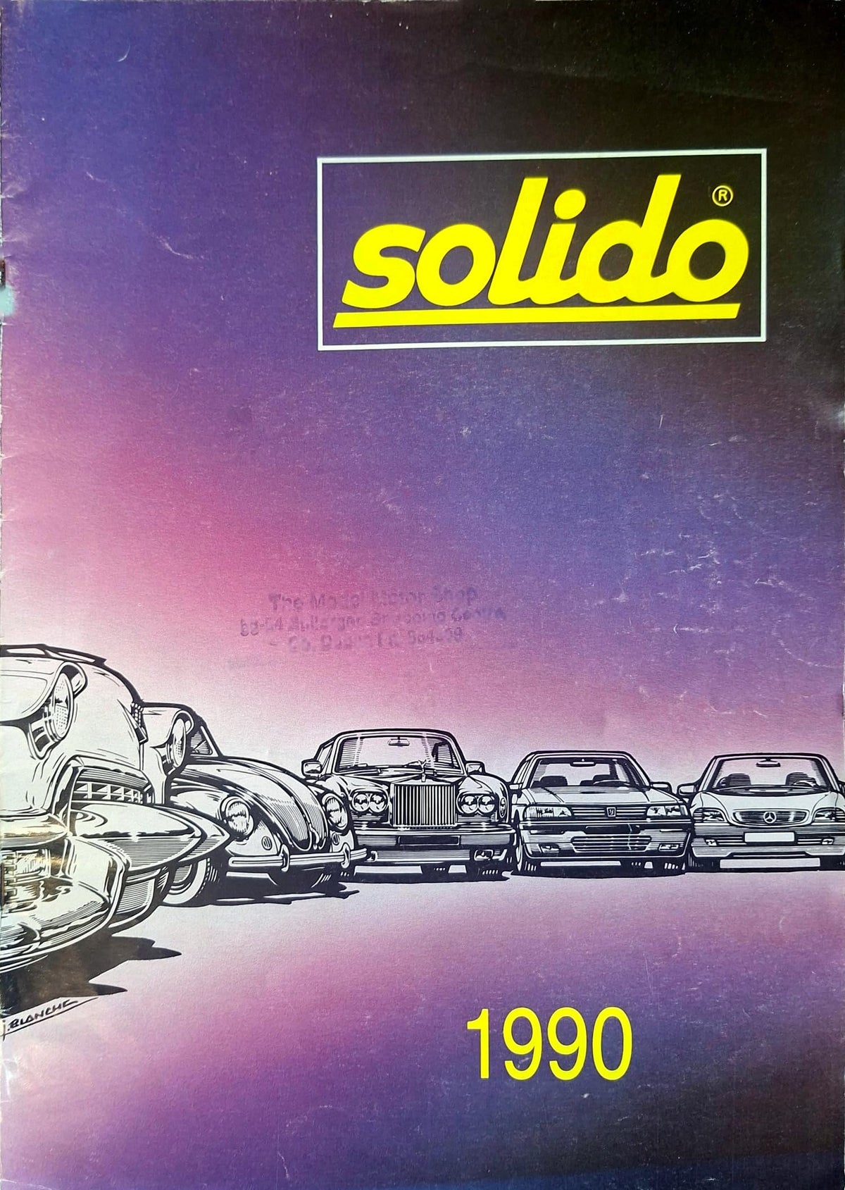 Solido 1990 catalogue (English edition): die-cast model cars and military vehicles – Actua, Prestige, Age d'Or, Hi-Fi, TG ranges, gift packs, display stands