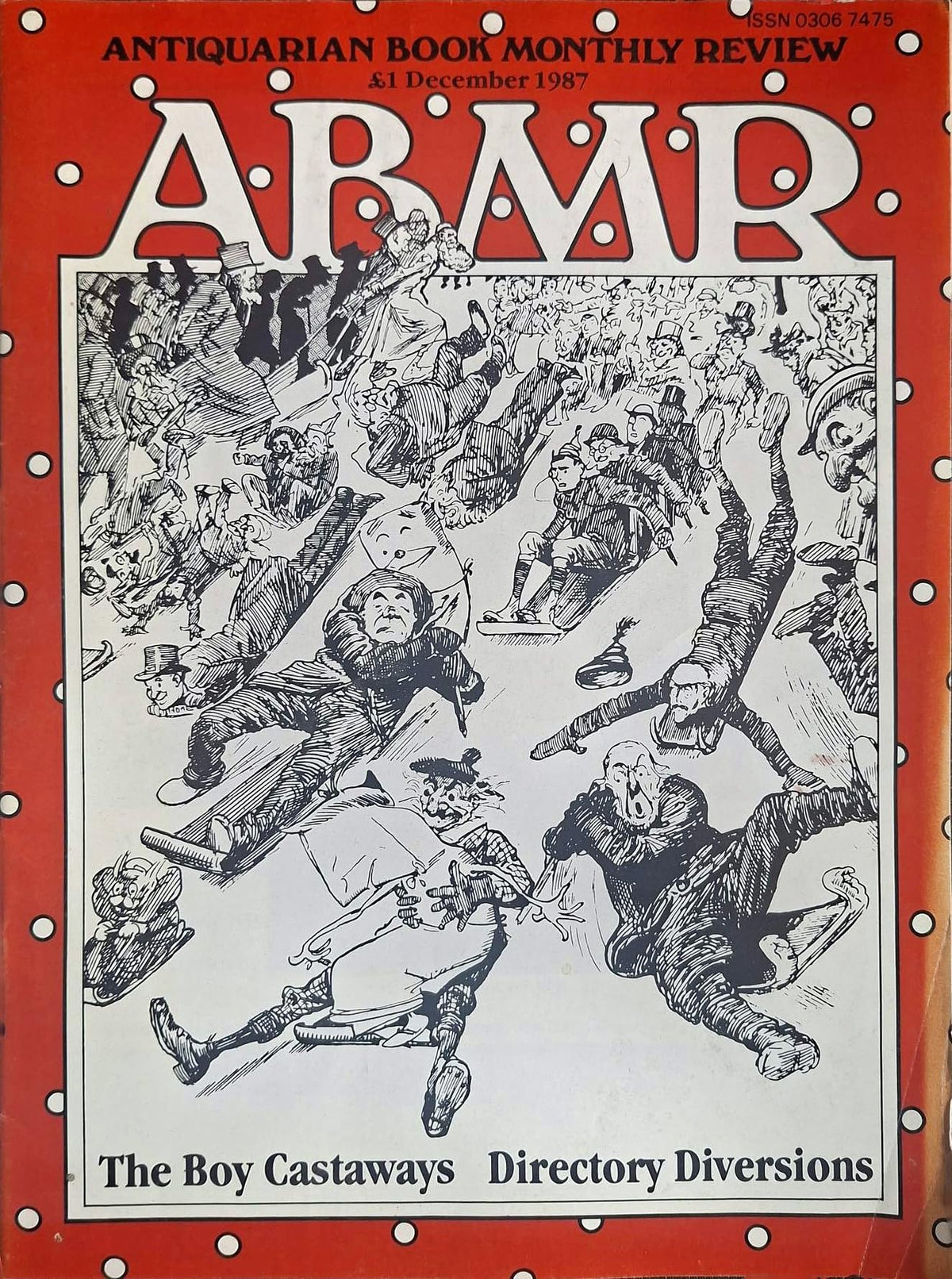 Antiquarian Book Monthly Review (ABMR) magazine, December 1987, Vol. XIV No. 12, Issue 164: James Barrie and The Boy Castaways; Directory Diversions; Rupert, Masefield, Punch cover